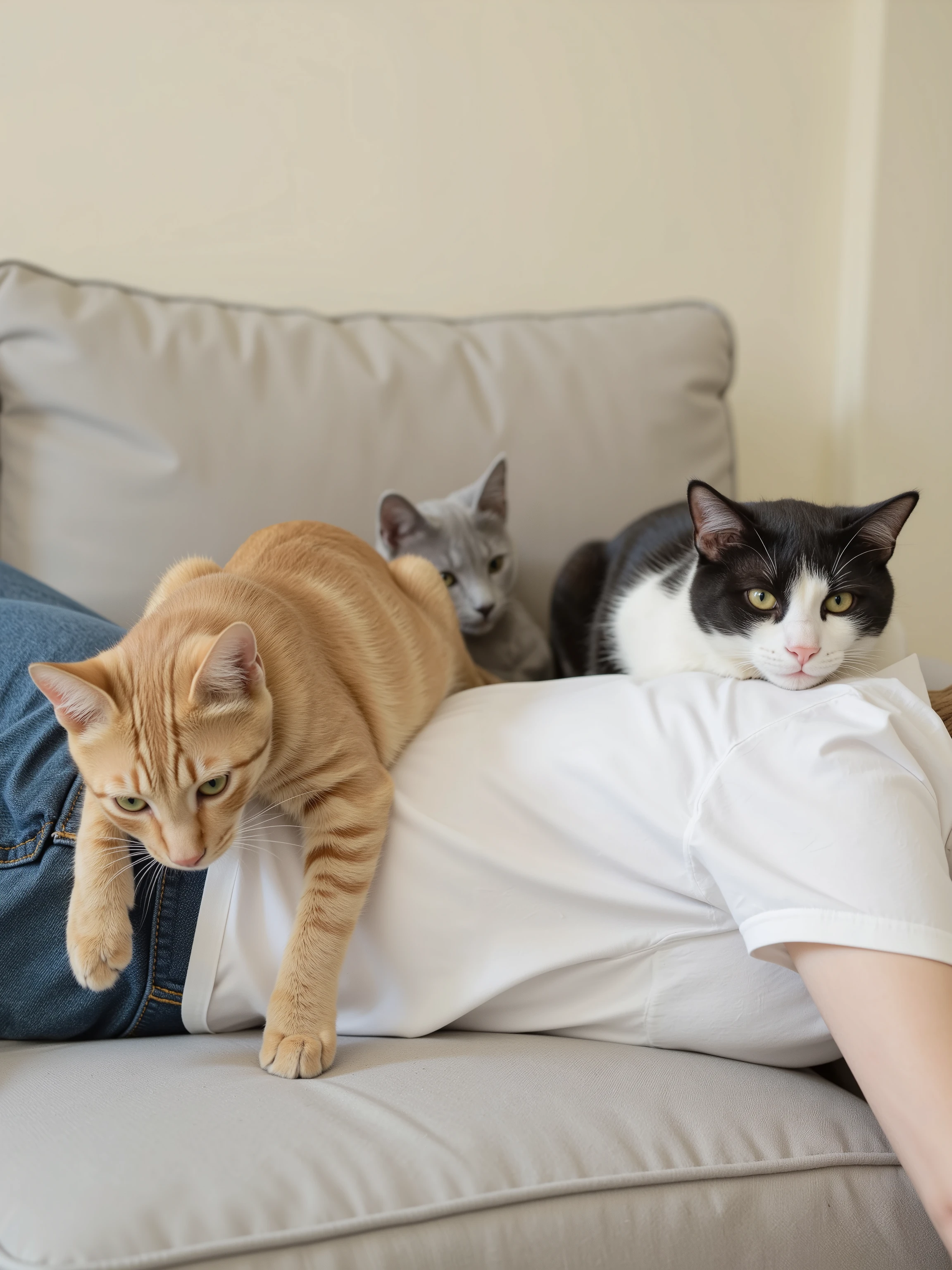 A woman lies face down on a light gray couch, wearing a white t-shirt and blue jeans. Three cats of different colors - one orange tabby, one gray, and one black and white - are sprawled across the woman's back. The orange tabby cat rests its head on the woman's shoulder, the gray cat stretches across her lower back, and the black and white cat curls up near her hips. The scene takes place in a living room with cream-colored walls and natural lighting from a nearby window. Close-up indoor photography with soft natural lighting and sharp focus on the subjects against a neutral background.