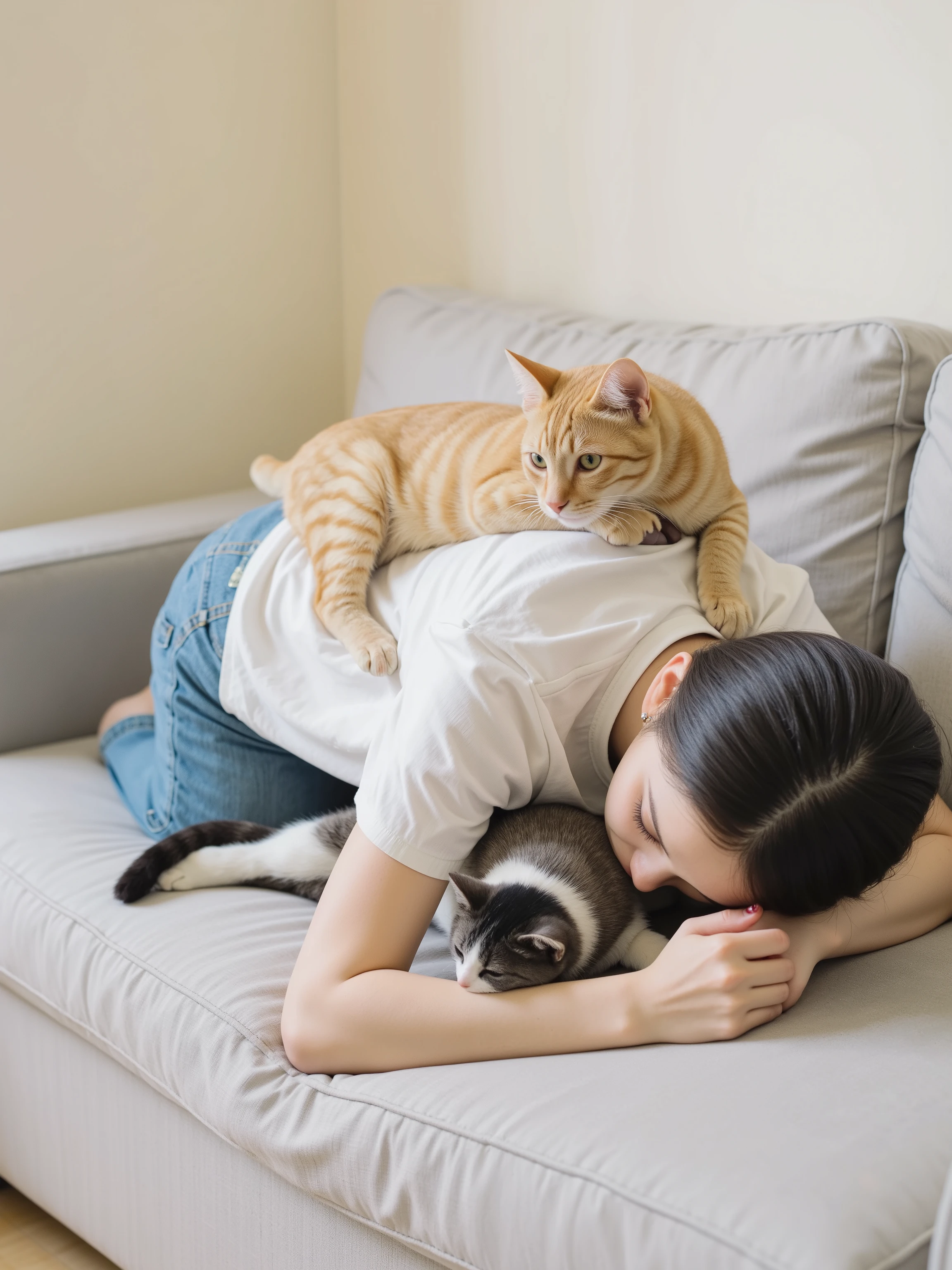 A woman lies face down on a light gray couch, wearing a white t-shirt and blue jeans. Three cats of different colors - one orange tabby, one gray, and one black and white - are sprawled across the woman's back. The orange tabby cat rests its head on the woman's shoulder, the gray cat stretches across her lower back, and the black and white cat curls up near her hips. The scene takes place in a living room with cream-colored walls and natural lighting from a nearby window. Close-up indoor photography with soft natural lighting and sharp focus on the subjects against a neutral background.