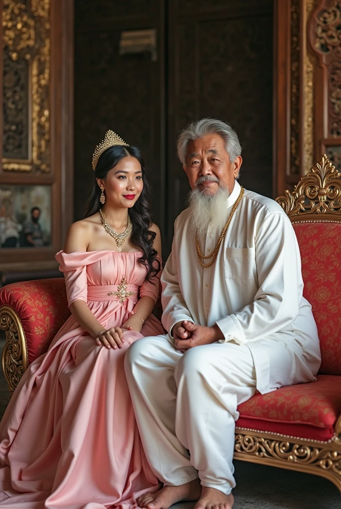 Beautiful and  Southeast Asian girl, very , , big , bright white skin shining, beautiful girl, hair in a traditional Chinese bun, girl wearing a traditional  tight thin silk red cheongsam decorated with intricate gold patterns,  showing, girl with flower accessories, sitting on the lap of an 80-year-old man from India with dark skin and a big body, not wearing clothes while hugging him, the woman looks at the camera with an aroused expression. Sitting on a palace chair in the kingdom. In the background, many Indian men are crowding around to see her. Photographed from a distance