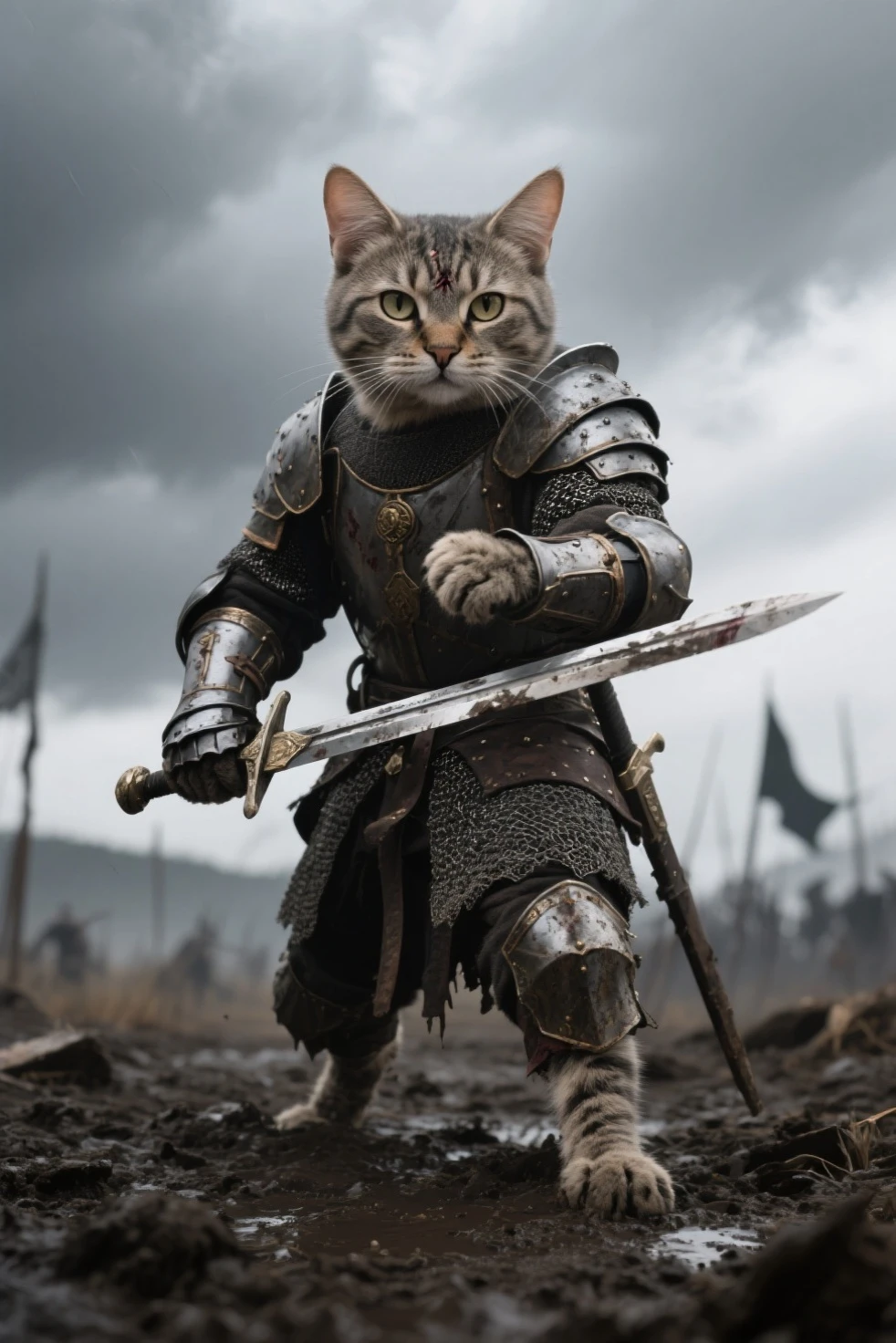 Cat,Holding a sword、Very detailed、(Supersaturation:1.3) . Extremely high resolution detail, photograph, Realism pushed to the limit, Fine texture, Incredibly realistic，Assassin's Creed