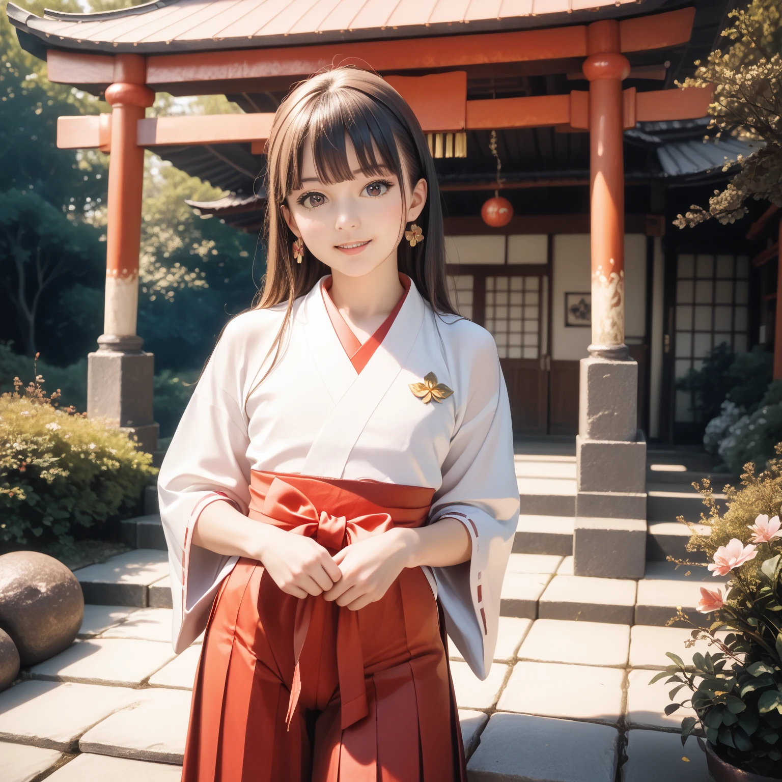 shrine maiden、Crimson too、Shrine maiden attire、ceremony、shrine、within the territory、Long Hair、beautiful girl、Clear Skin、Oracle、The  is slightly open、cowboy shot,shrine maiden outfit,red skirt,Glasses、
