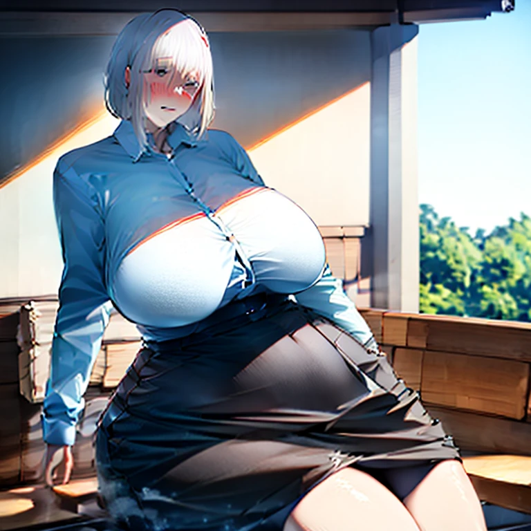 masterpiece, best quality, ultra high res, ultra-detailed, outside in a shopping street, sunset, skyscrapers city landscape, 1 Mature MILF mom, slut, (blonde platinum hair: 1.3), (dark silver eyes: 1.3), (side swept bangs hairstyle: 1.4), (red nail: 1.3), (black eyeliner: 1.3), (full lips: 1.3), (red gloss lipstick: 1.4), (hairy pubic hair: 1.3), (giant tits and giant cleavage: 1.6), (white leather tank top: 1.4), (white leather straight mini skirt: 1.6), (lace-trimmed black garter belt: 1.4), (lace-trimmed black stockings: 1.4), (white high heels: 1.4), (Hard and erected Nipples: 1.4), sweating, (a giant tits Mature MILF mom is spreading her legs wide open while sitting on a wooden bench and while she look at the viewer with a lustful whore face and hard moaning with open mouth: 1.6)
