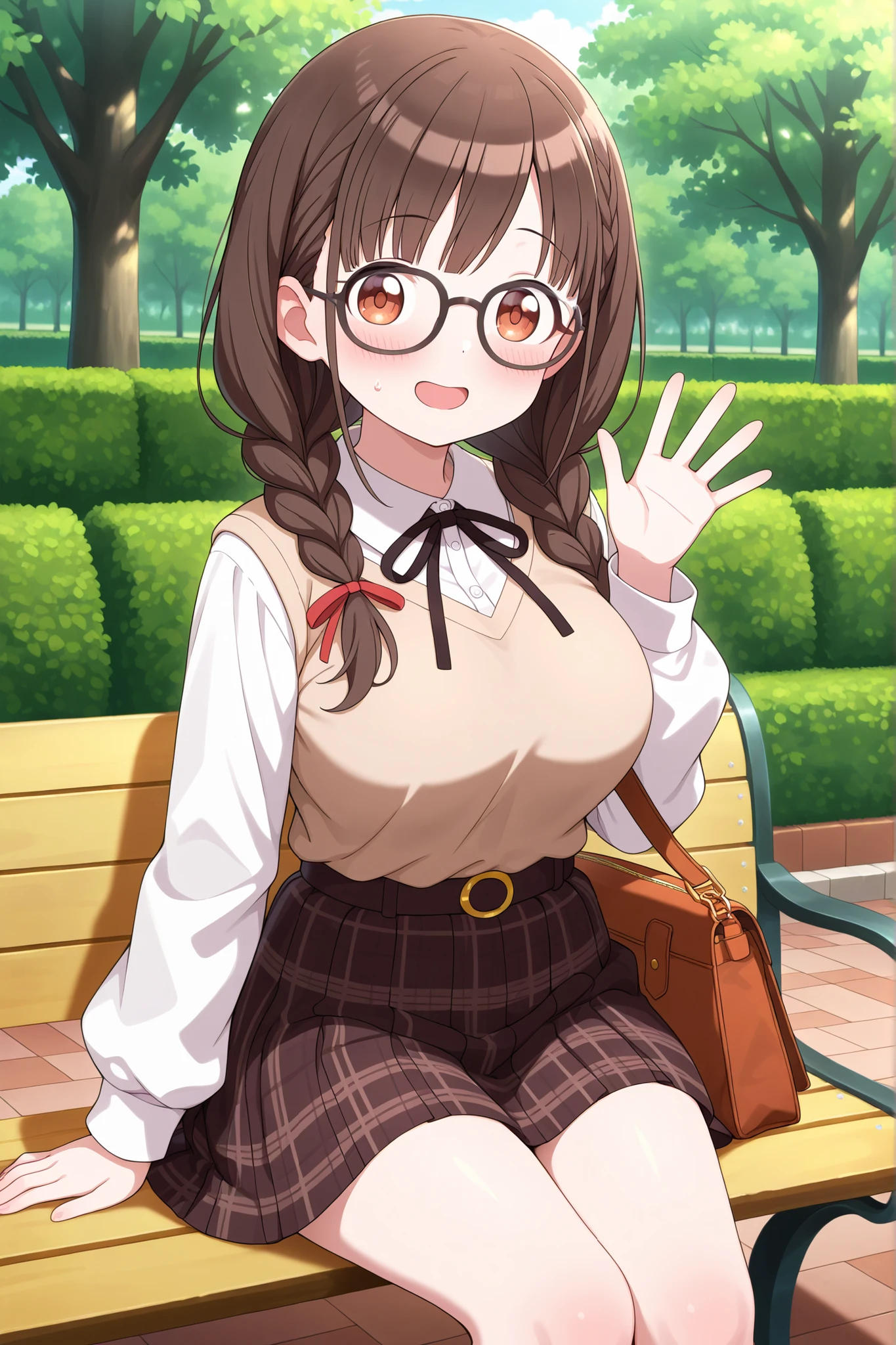 1girl,sonoda chiyoko,loli,big breasts,Waving hands,embarrassed,brown hair,(low-braided long hair),medium hair,hair red ribbon,black glasses,brown eyes,white shirt,shirt tucked in,black ribbon,brown half sweater,belted skirt,plaid skirt,pleated skirt,shoulder bag,park,on the bench