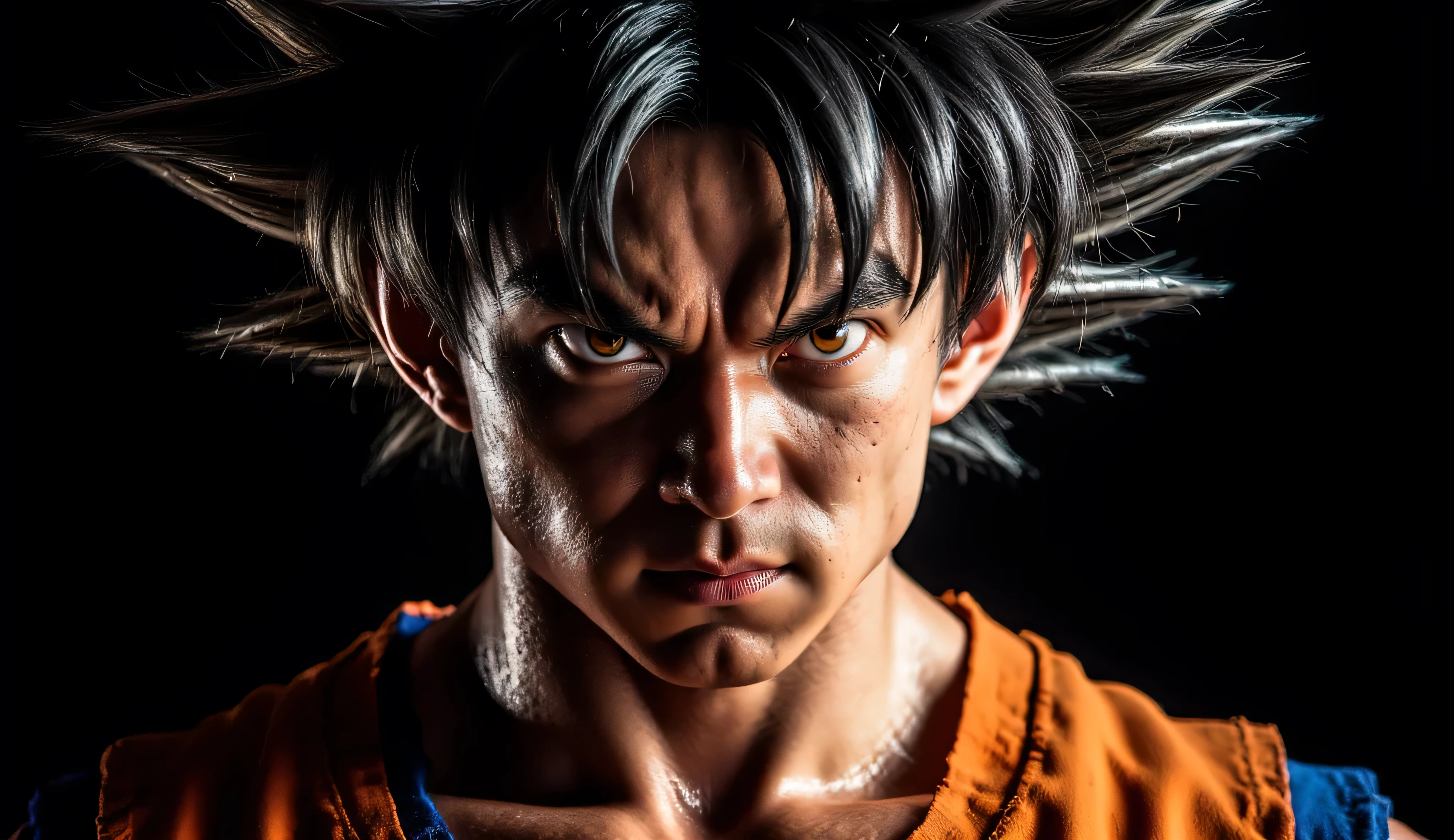 Goku from Dragon Ball, close-up portrait (waist-up or bust), rendered in ultra-realistic anime 3D style. Every detail of his face is visible: finely textured pores, subtle wrinkles, natural skin imperfections, and lifelike lighting that enhances the realism of his skin. His hair appears realistic with individual strands and soft reflections. Eyes are sharp and expressive. The background is pure jet black to isolate his face, with dramatic rim lighting highlighting his jawline and hair. Ultra-high detail, realistic textures, hyper-detailed lighting, and cinematic clarity, que sea evidente que es cgi