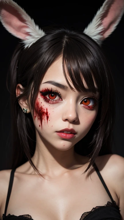 Black hair, one eye hidden, red eyes