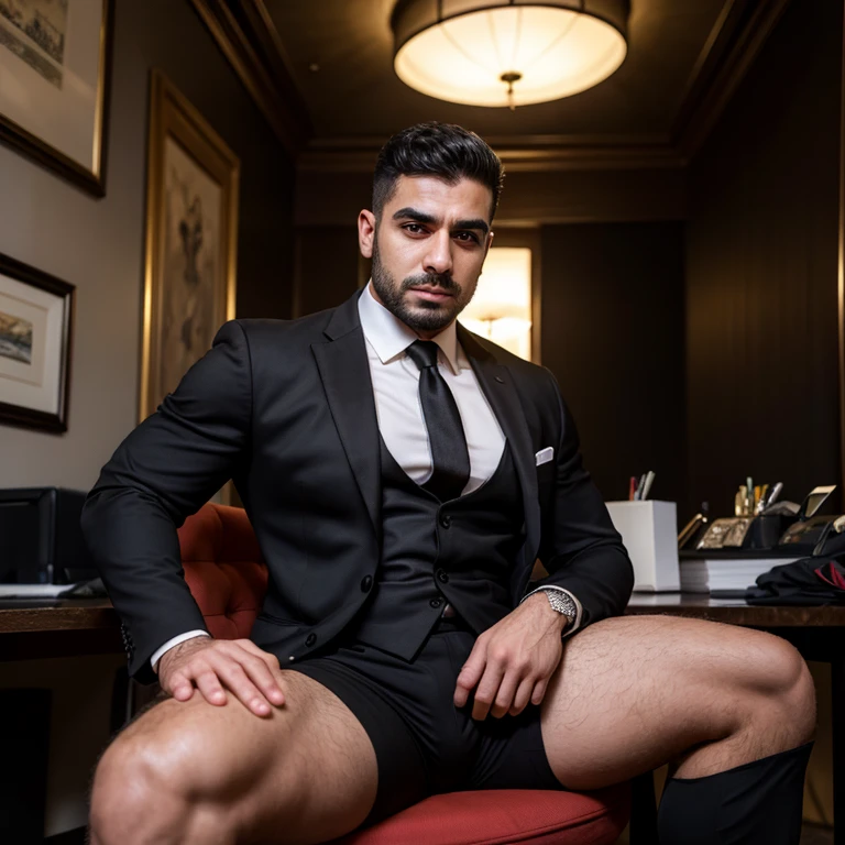 1boy, Mexican, solo,  hair,34 yrs old, fitness trainer, male focus,  , pectorals, bara, muscular, mature male, muscular male, abs, beard, ring , garter and suspenders, short hair, navel, stomach, large pectorals, thick eyebrows,  pectorals, dark-skinned male, , thighs,  under clothes, fancy suit, dark skin, tie, tight shirt, jacket, tight pants, grey business suit, pectoral , cowboy shot, cop agent uniform, feet out of frame, thick thighs, looking at viewer, masterpiece, 4k, high quality, highres, absurdres,