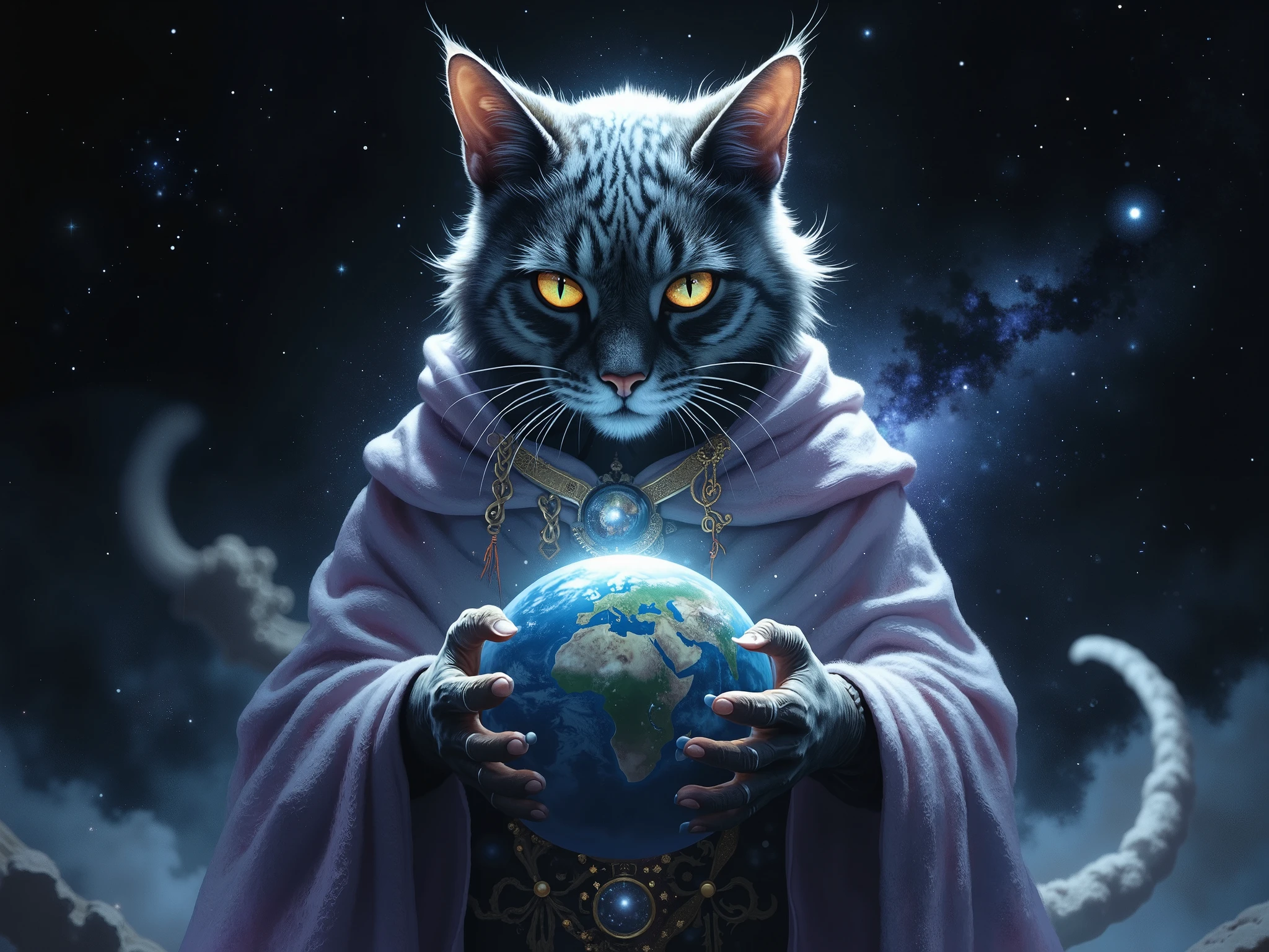 a cat like a cosmic being in space that has the Earth in the palm of its paws, The image is cinematic and epic with a dark tone