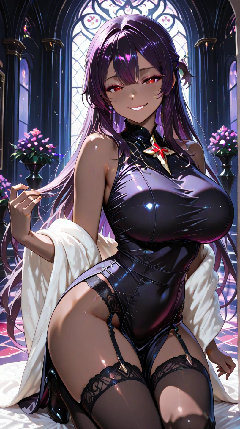 Young and beautiful woman,(Highest quality,Extremely detailed depiction,Incredible high resolution,Anatomically accurate depiction,Curvy Legs,Nice hands,Five perfect fingers),(Glowing Skin,Oilskin),(Nuns,複雑な光沢のあるNunsの服,White gloves:1.2),eyelash,(Intense glowing purple eyes,Crazy Eyes,Large Breasts,Captivating smile,Glossy Red Lips,A pose where both hands are extended towards the screen:1.5,palm),whole body,Sitting,Focus on the hands:1.5,High-quality anime art,