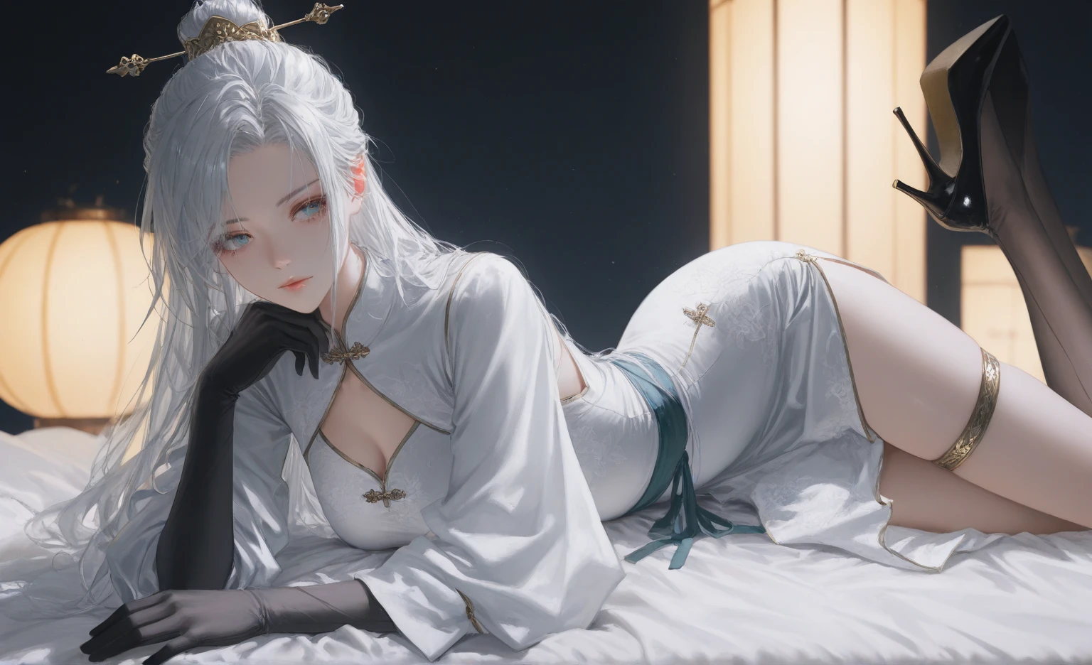 ((top-quality、8K、Manhwa Style:1.4、tmasterpiece,nedium breasts,onbed,Pubic hair shows through,full bodyesbian,Red-faced,is shy,white stockings,long whitr hair,long leges,Lighting、Beautiful Chinese woman、18yr old、with short white hair、Ultra-delicate skin、Beautiful production,Soft lighting