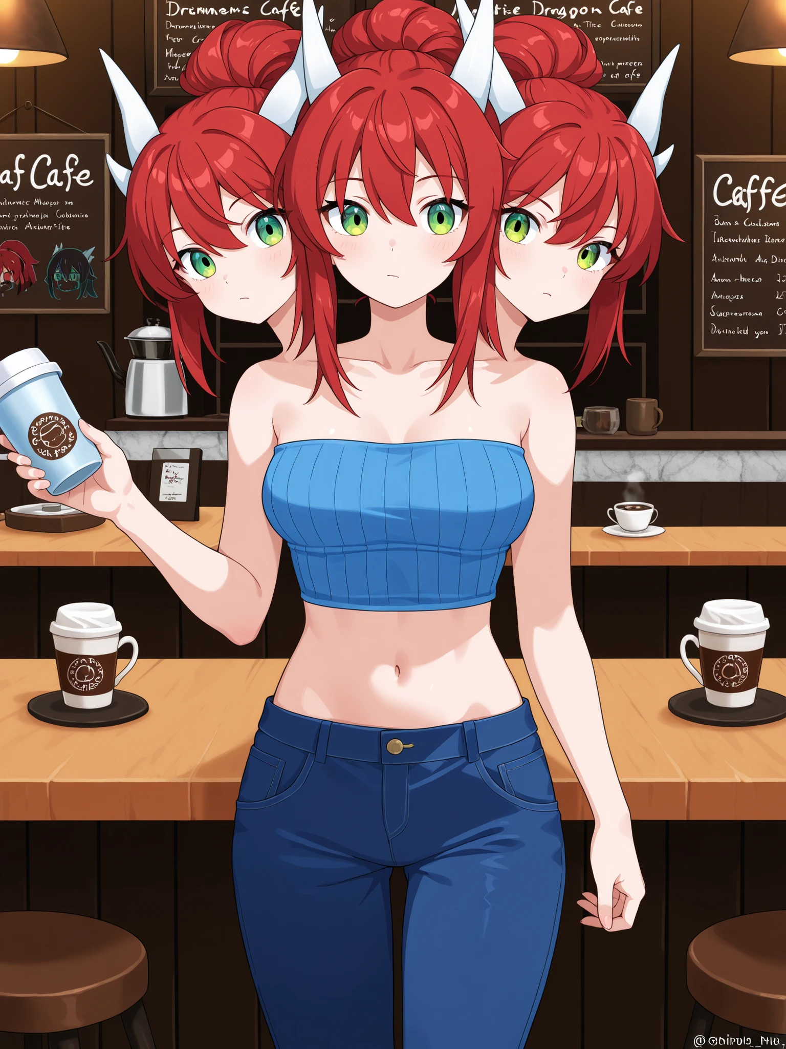conjoined, anime dragon girl with three heads, red hair, each head has a different hairstyle and facial expression, green eyes, blue tube top, blue pants, casual, cafe