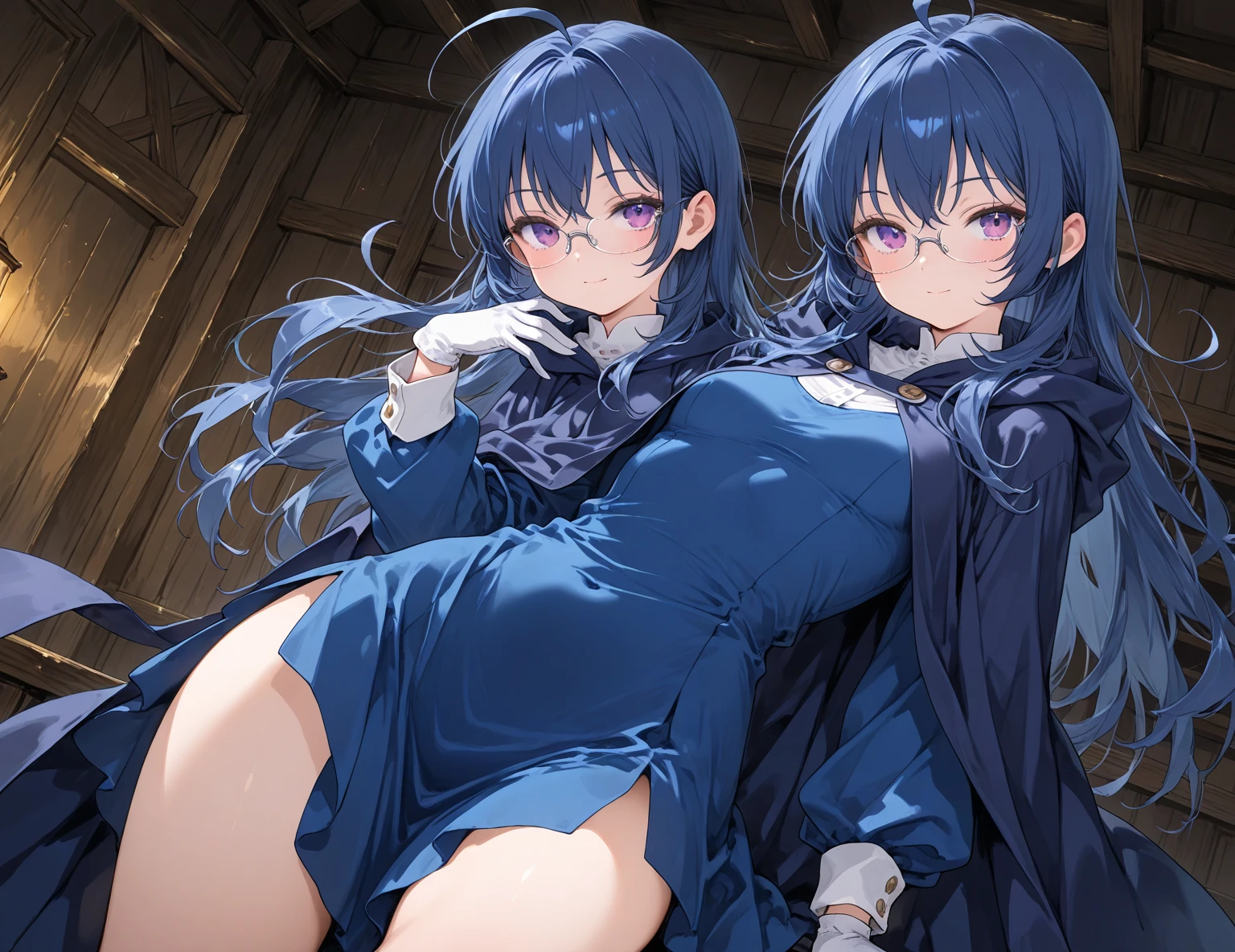 NSFW,(Roxy Migurdia)、blue eyes、Blue Hair、bangs、Brown cloak、Witch Hat、Braid,(Perfect hands),(Perfect Anatomy),(masterpiece),(Highest quality),Embarrassed,blush,(High-quality sexy lingerie:1.5)