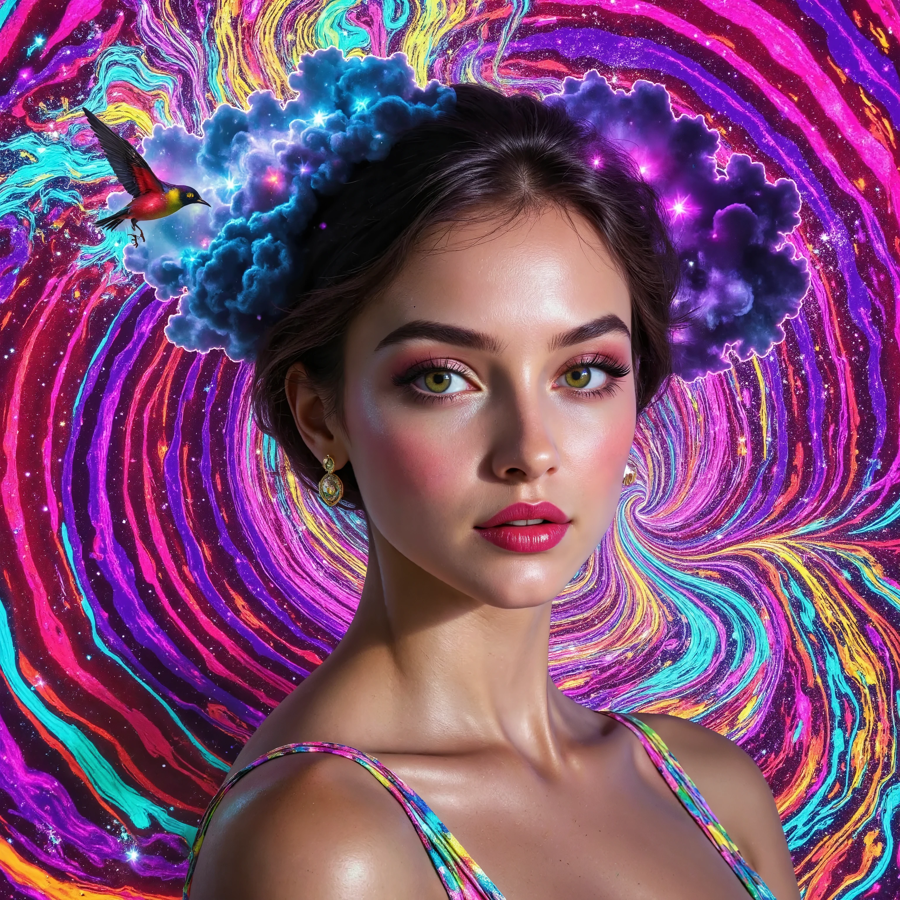 A striking image presents vivid colors and intriguing textures combined with an abstract theme. The background features swirling, concentric circles in bold hues of pink, purple, and red, creating a dynamic and psychedelic pattern. Accents of teal and orange punctuate the mesmerizing swirl, contributing to a sense of motion. Emerging from this vivid backdrop is a cloud-like formation with dark blue and smoke-like grey tones, resembling an ethereal, wispy presence. A small bird can be seen protruding from the cloud on the left side, detailed with sharp wings and a glossy sheen. In the foreground, a person's torso is visible, with smooth skin illuminated gently by the subtle lighting, contributing to a sense of calm amidst the chaotic surroundings. The overall composition balances between vibrant chaos and serene detail, conjuring a mood that is both intense and introspective.