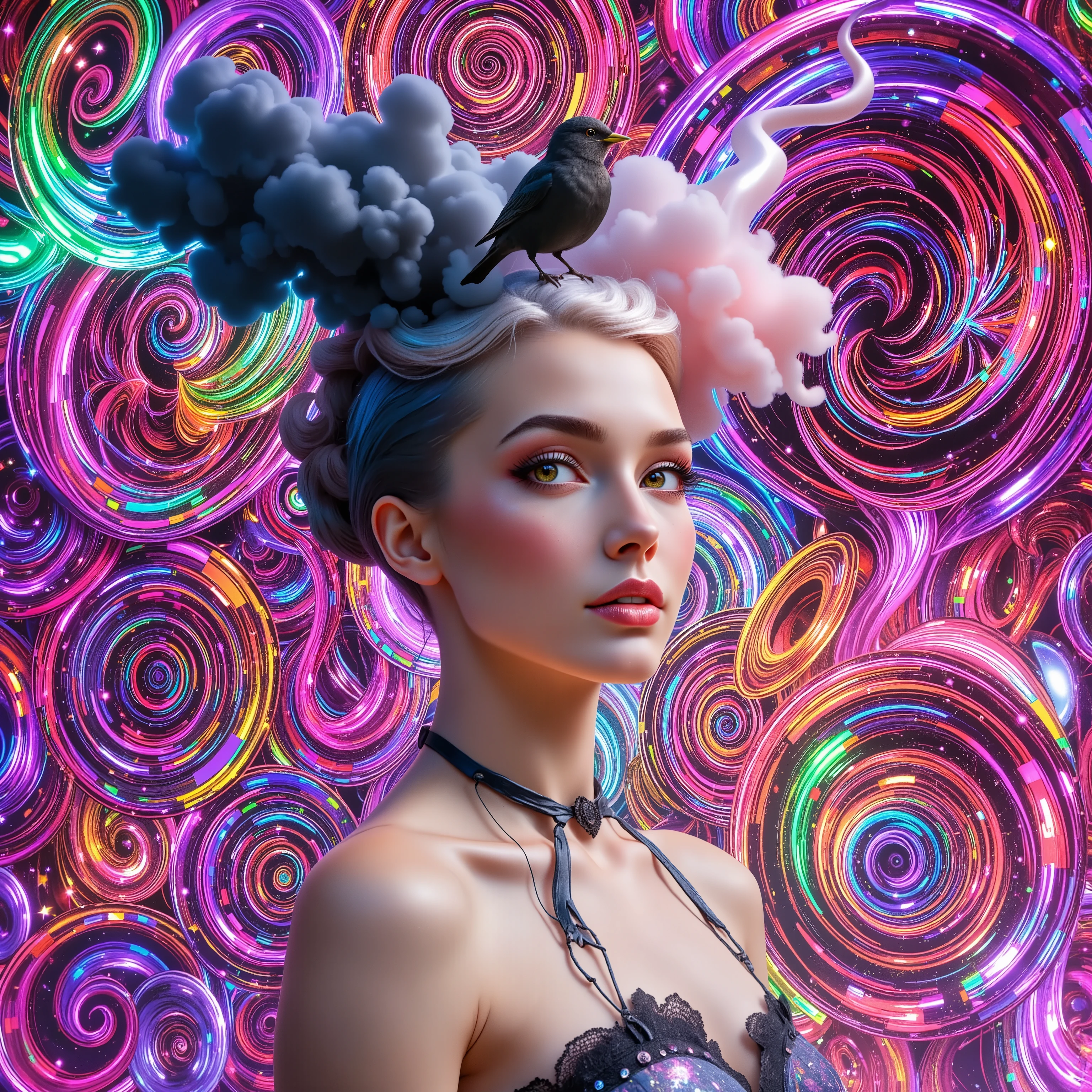 A striking image presents vivid colors and intriguing textures combined with an abstract theme. The background features swirling, concentric circles in bold hues of pink, purple, and red, creating a dynamic and psychedelic pattern. Accents of teal and orange punctuate the mesmerizing swirl, contributing to a sense of motion. Emerging from this vivid backdrop is a cloud-like formation with dark blue and smoke-like grey tones, resembling an ethereal, wispy presence. A small bird can be seen protruding from the cloud on the left side, detailed with sharp wings and a glossy sheen. In the foreground, a person's torso is visible, with smooth skin illuminated gently by the subtle lighting, contributing to a sense of calm amidst the chaotic surroundings. The overall composition balances between vibrant chaos and serene detail, conjuring a mood that is both intense and introspective.