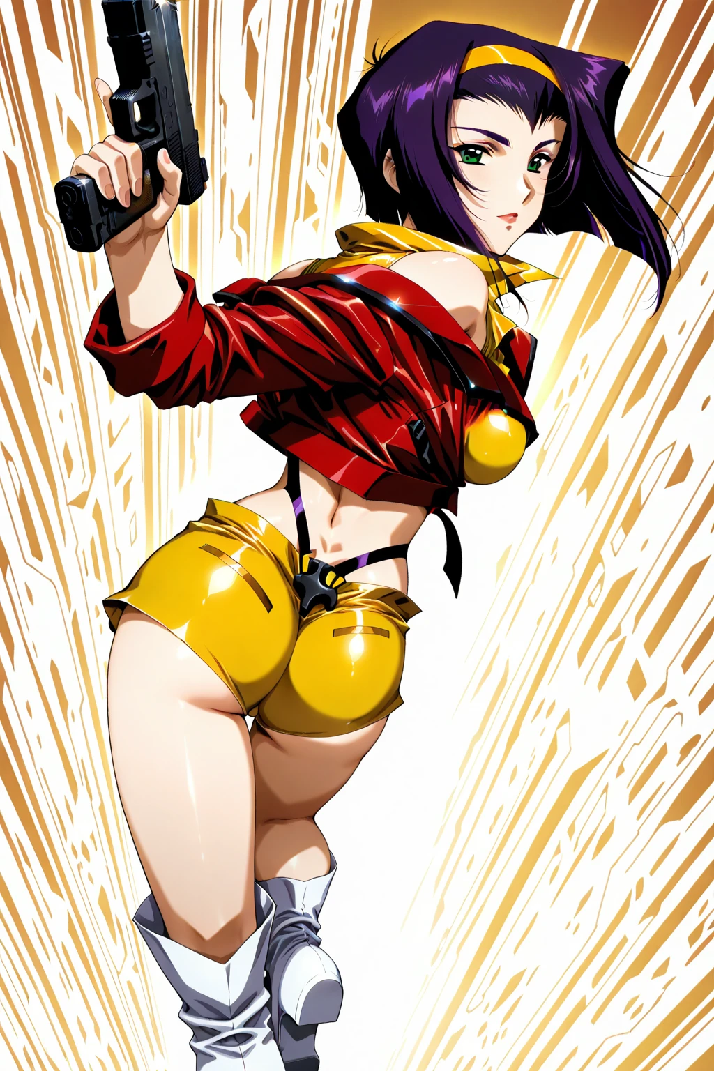 ass marker, thigh boots, yellow-tinted eyewear, post-apocalypse, vaginal object insertion, black jacket, holding weapon, gold, bamboo, fur collar, adjusting panties, shaded face, <lora:EdobAss_v1.0:0.8>