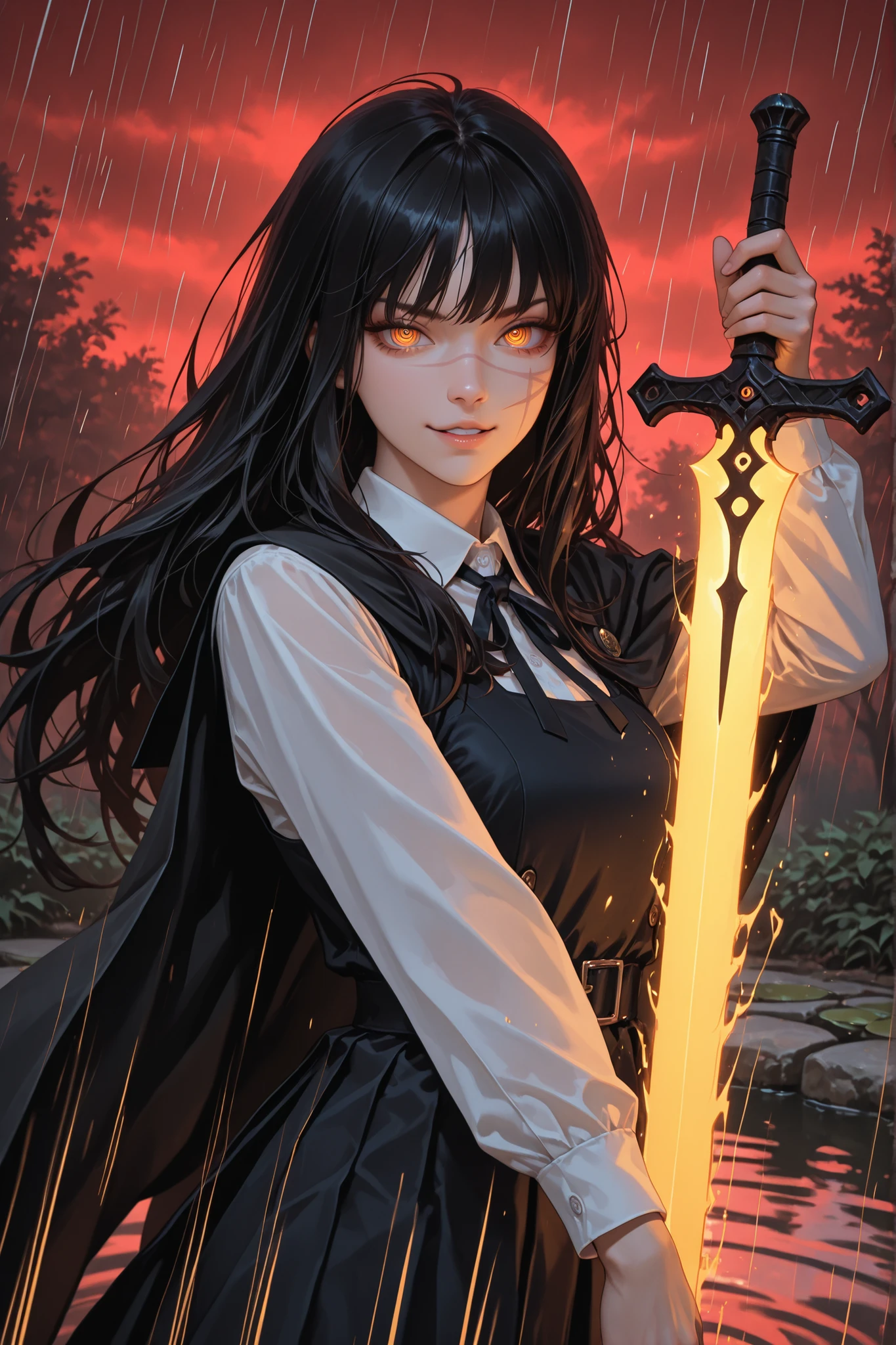 1 girl, yoru, scar on cheek, cross scar, long hair, black hair, yellow / red eyes, ringed eyes, school uniform, black dress, pinafore dress, sleeveless dress, white shirt, black ribbon, neck ribbon, long sleeves, black cape,  outdoors, near a pond, red sky, standing, red rain, looking at the viewer, detailed hands with five fingers, holding black sword, sword drawn, sword slash motion, glowing blade, detailed hands, cinematic angle, motion lines, motion blur, motion effect, dynamic pose, action shot, parted lips, smirk, close up, provocativ, top quality, supreme masterpiece, ultra detailed, very aesthetic