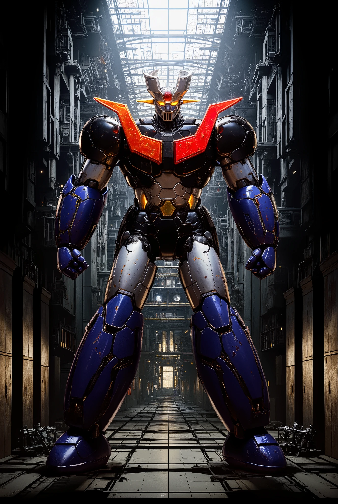 Towering over 、 The hero Mazinger Z is 100 meters tall 、 inside a huge structure that rises over 100 meters in a forward leaning position、 realistic shadows are emphasized , towering 100 meters ahead . stands around a nuclear reactor equipment production line , Steel etc. . . , 、 inside a huge structure that rises over 100 meters in a forward leaning position、 realistic shadows are emphasized , terrifying steel Genie , careful maintenance shop , Masinger Z is a cool , 、 giant structure that emphasizes realistic shadow expression . LED light lighting