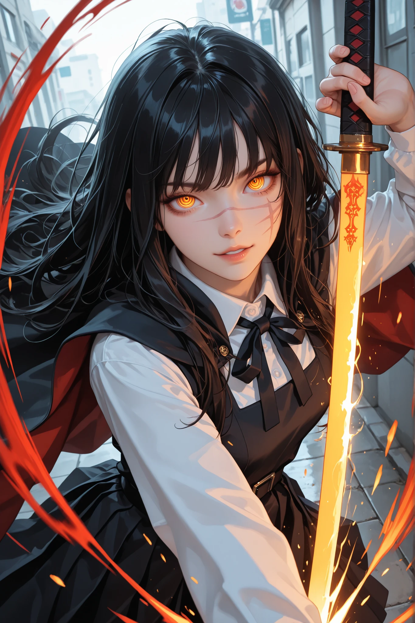 1 girl, yoru, scar on cheek, cross scar, long hair, black hair, yellow / red eyes, ringed eyes, school uniform, black dress, pinafore dress, sleeveless dress, white shirt, black ribbon, neck ribbon, long sleeves, black cape, standing, detailed background, looking at viewer, holding katana, sword drawn, sword slash motion, glowing blade, detailed hands, cinematic angle, motion lines, motion blur, motion effect, dynamic pose, action shot, parted lips, psychopathic smile, close up, provocativ, top quality, supreme masterpiece, ultra detailed, very aesthetic 