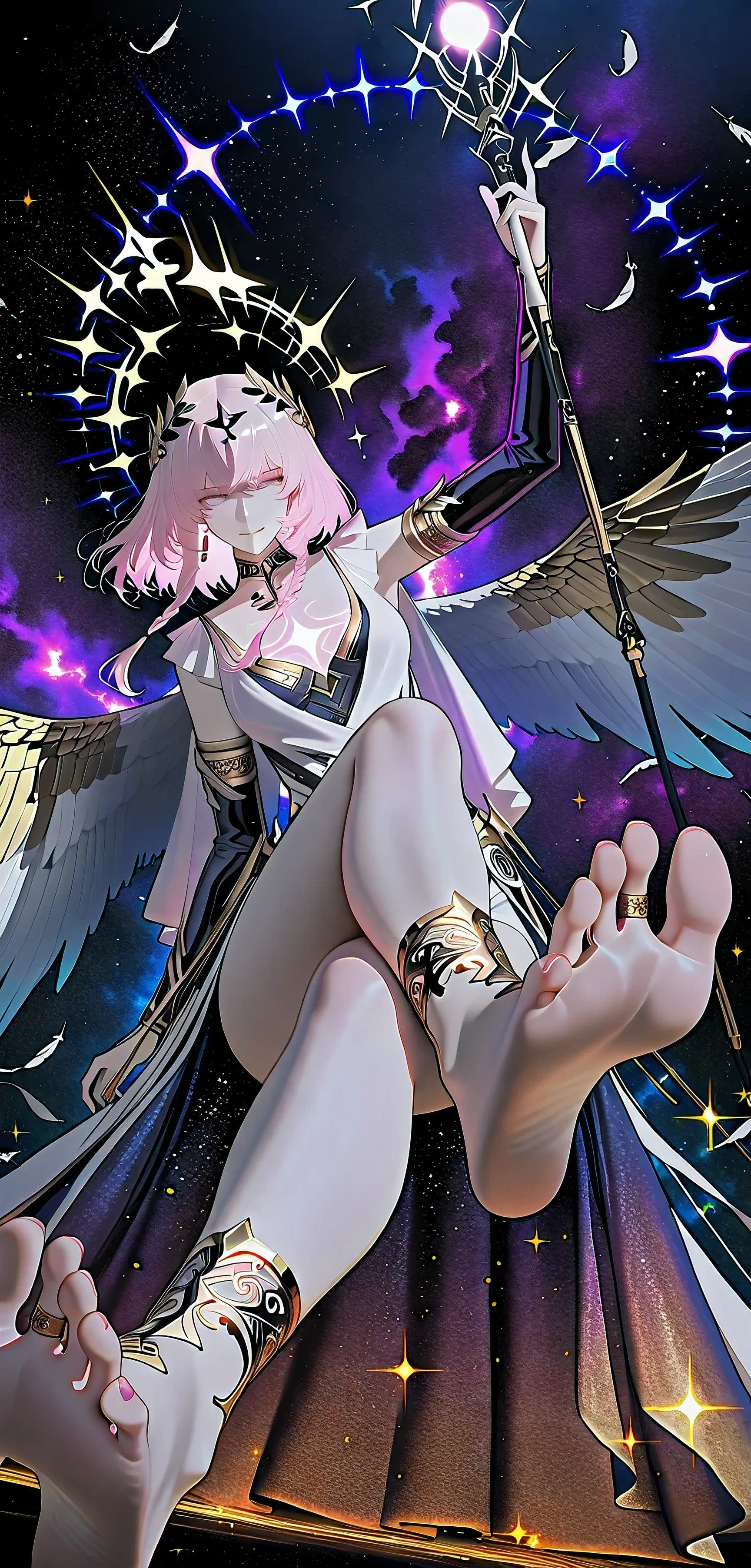 goddess form,pink hair, long hair, braid, side braid, soft waves  golden crown, star halo, divine halo, head ornament  pale skin, slender body, elegant build  blue eyes, serious expression, serene look,<lora:ishmael_wings_of_equilibrium:1> ishmael (punishing gray raven), wings of equilibrium, parhelion, goddess form, pink hair, braid, star crown, white and black asymmetric dress, transparent cosmic cape, golden embroidery, feathered floating wings, glowing staff with blue orb, divine aura, starlight background, floating feathers, soft glow, full body, low angle, anime-style, ultra detailed,goddess, divine presence, observer, merciful one  higher-dimensional being, celestial, cosmic divinity  starlight glow, floating feathers, cosmic mist  divine aura, omniscient, transcendent,pink hair, long hair, braid, side braid, soft waves  golden crown, star halo, divine halo, head ornament  pale skin, slender body, elegant build  blue eyes, serious expression, serene look,Goddess form "Ishmael (Punishing: Gray Raven) as an omnipotent, celestial giantess in her 'Wings of Equilibrium' skin, wearing a divine, flowing Greek-goddess style outfit with translucent red and gold fabrics, golden barefoot sandals discarded. Her long pink braid flows behind her like a galactic ribbon. She towers over galaxies, one bare foot crushing a spiral universe beneath her sole. From a low-angle space-level POV, her ultra-detailed foot dominates the comos — blood, cosmic dust, stardust, and shattered stars stuck to her sole. Her pink-painted toenails shine with divine light. The crushed universe cracks and warps under her pressure, with glowing nebulae bleeding into the void.

"Her cruel, calm expression looks down at all existence, brown-skyblue eyes reflecting stars and destruction, her lips curled in a sadistic smile. Foot fetish focus: macro foot, sole, toes, toenail texture, divine elegance meets apocalyptic force. Godlike lighting effects, celestial debris, high-detail shading, anime-style composition. A divine destroyer, merciless and beautiful, who reduces entire dimensions beneath her flawless, sweating foot. Emphasize size contrast, epic cosmic destruction, macro cruelty, and sensual dominance in a divine aesthetic." white and black asymmetric dress transparent layered fabric, cosmic texture, nebula pattern golden embroidery, divine jewelry, arm bracelet, choker cape, flowing cape, constellation patterns, star motifs , pink hair, long hair, braid, side braid, soft waves golden crown, star halo, divine halo, head ornament pale skin, slender body, elegant build blue eyes, serious expression, serene look, galaxy esfere at her feet, sostiene una esfera que controla el omniverso,multiverso, galaxias en sus pies, universos a sus pies, hyperverse at her feet background