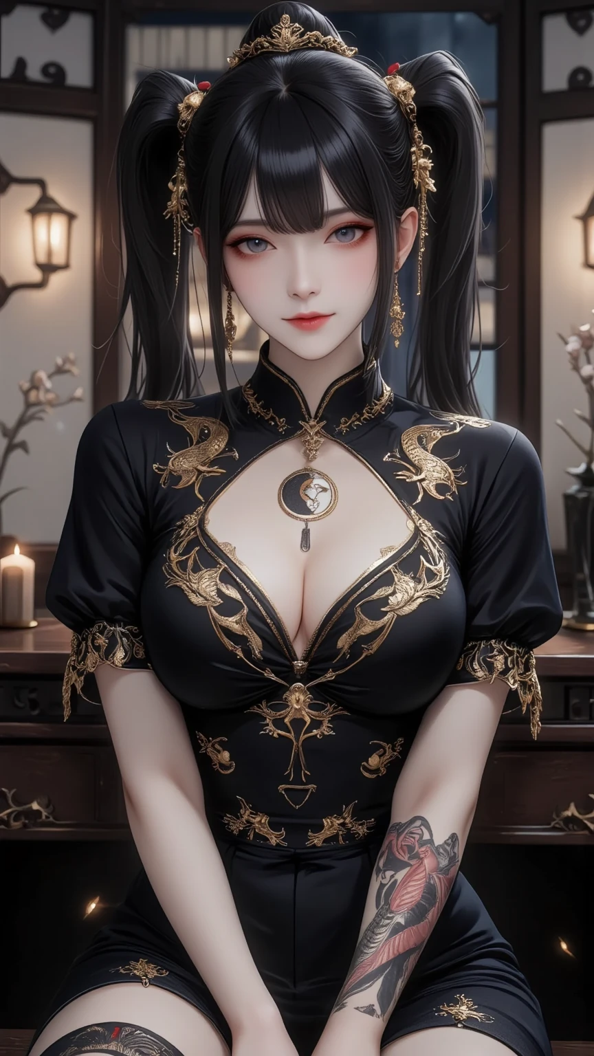 Are you okayですかですか、(best illustrations)、8k UHD resolution、intricate details、highest quality、realistic、Super detailed、best lighting、best shadows、soft lighting、Ultra HD、超realistic、Tyndall effect、Photoreal、(high detail skin:1.2)、 (intricate details, compensate, face to face with the children_v1:0.5), (Are you okay, beautiful and delicate face, Are you okayですか, beautiful and delicate eyes, perfectly proportioned face, high resolution skins, fine skin, Optimal ratio of 4 fingers and 1 thumb, arm under chest, red tattoo on lower abdomen、wow wow, wide hips, smooth abdomen, thin and thin skin, __fashion__, __hair__:1.25)、Digital single-lens reflex camera、 absurd、地獄から来た美しいdevilの女性, Surreal female portraits by David Hockney and Alphonse Mucha, Portrait of a seductive woman、fantasy art, chinese doll、Chinese actress、dungeon、dragon、devil&#39;Palace of、devil&#39;torture chamber、night、dark style 、in the dark、(detailed spooky background:0.8), magic、 1 girl、evil nun、dark necromancer、Succubus、devil&#39;Daughter of、Shinonome Umi、bat wings，(((devil&#39;Horn)))、 ((((giant glasses, otaku glasses, thick glasses, round glasses)))),(((big breasts)))、(devil&#39;Tail)、(red eyesは光り輝いて:1.6)、red eyesは非常に鮮明で詳細です, Your eyes are made up so beautifully, ((red eyes:1.0)),intricate tattoo, demonic intricate tattoo, Tattoo on the thigh, body tattoo, masterpiece、the most beautiful face、baby face、cute smile、beautiful plump red lips、muscular seductive body、devil&#39;seductive body、devil style、Fascinating black magic costume、(((光沢のある赤い蛇が彼女body ofに巻き付いています)))、The long-haired、Braid、Black hair、Ponytail distortion、, Ponytail with a bow tied at the back of the hair, beautiful expression、body up、big breasts強調、bust,  super tight chest, Breast augmentation surgery, The chest is very large and round,tight waist、wide ass、 private key, cowboy lens, (Black Phoenix Dress: 1.0),  devil crown,  red sparkling gemstone necklace、Jewelry G Wise,  Please wear black mesh socks,wearing a thin red and black robe, Hands pull the straps to expose sexy breasts, Protagonist Close-up, nffsw, nffsw, meet beautiful girls, looking at girl&#39;body of,(upper body portrait), Protagonist Close-up