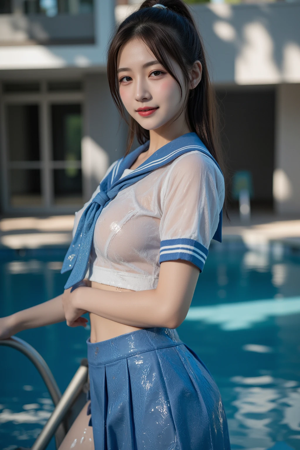 ((masterpiece, Highest quality)),Best aesthetics,One girl,(squatting, spread legs:1.4),Poolの中,Pool, Long Hair, Outdoor, Chair, View your viewers, Focus Only, Brown eyes, (high school girls are wearing uniforms:1.4), Black hair ponytail, bangs, Sit with your legs apart,smile,Black underwear,Wet Hair,(Big Breasts),(Random gravure poses:1.4),(独奏:1.8),(wet clothes:1.4)