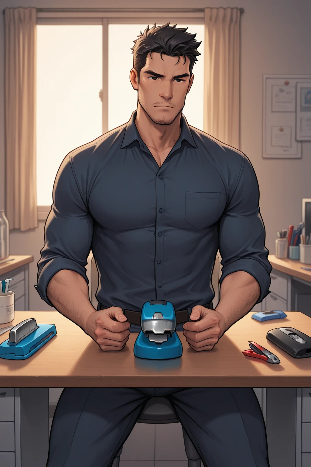 (Create a masterpiece: 1.2),(CGI art:1.3),(realistic:1.5),(After processing:1.3),(Sharp focus:1.3), 1 man holds the steering wheel of a car ,(crew cut short hair:1.8),black eye, smile, (Wear color navy round neck T-shirt with a Police badge: 1.3), Navy blue jeans, Korean guy , korean men, (High gloss details), chest muscles, large arm muscles, blood vessel, Big muscles, Broad shoulders, looking at the audience, Balancing the eyes, middle of the road, (drive a car: 1.5), (in the car: 1.3), , middle of the road