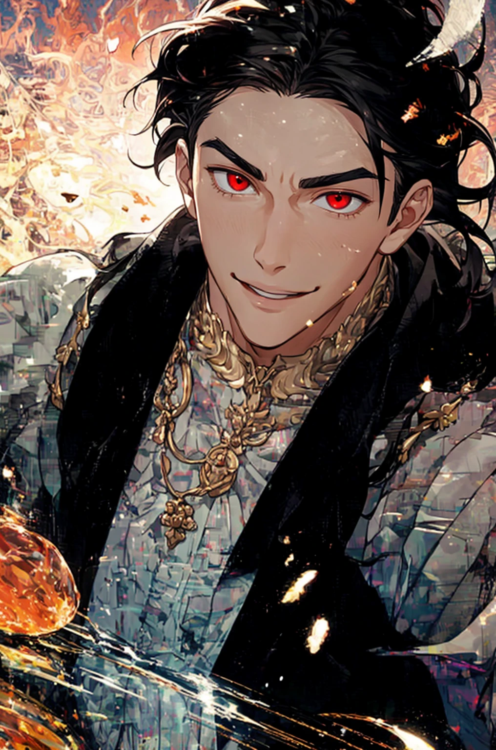 1boy, 1man, duo, super fine illustration, best quality, steam punk, luxurious hotel suite, king-size bed,young adult, black hair, blue eyes, silver hair, green eyes, handsome,peaceful sleeping, rose petals, soft lighting, serene expressions, window light, intimate,full-face blush, a bathrobe,shut one's eyes, malleus draconia (twisted wonderland) horns, bishounen, boy, male, yana Toboso style, long hair, black hair, yellow green eyes, smile, gray lips, handsome, skinny, tall, yellow green glow,