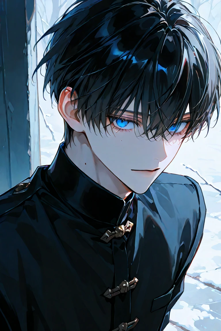 Asian Japanese boy in anime jujutsu kaisen trait with pale skin, slanted dark blue eyes, delicate face, mole under one eye, messy black hair.