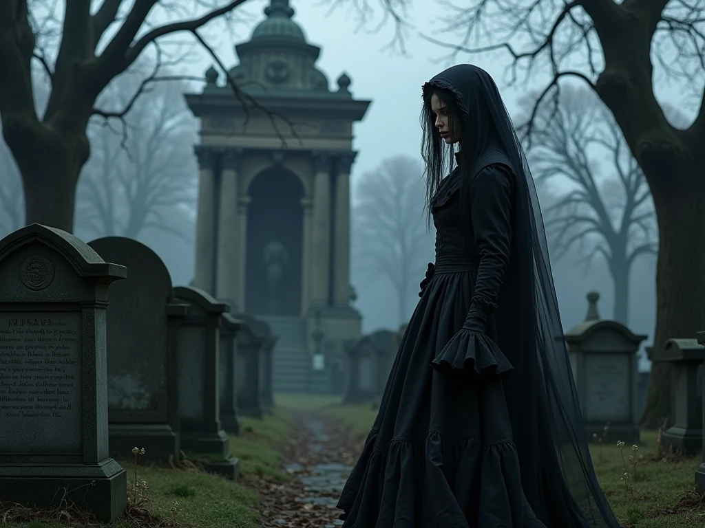 A stunning, high-realistic, full body photograph of a skinny slender scandinavian goth woman goth tatttos, pale skin, goth make-up dramaticly dancing at old graveyard, fog, dark sinister atmospheric. lit by the full moon at night. clothed only in intricately draped, flowing black silk scarves, evoking a sense of elegance and grace. Captured in a monochromatic color palette, the black and white tone amplifies the textures and shadows, adding depth to the fluid, energetic movement of the subject. Soft, diffused lighting accentuates the woman's sinuous curves, as her slender limbs seem to blur in motion, exuding a sense of freedom and melancholy.