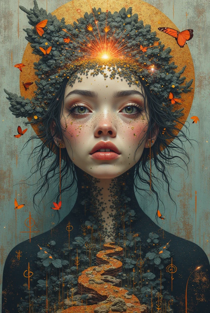 high res, high quality walkers, surface. Realistic images that represent the beauty of the girl. The 20-year-old Japanese, kawaii idol style fused with Art Nouveau elegance and biomachineryกล integration. her skin. Fascinating represents the complexity, Convex, Flow, Curve, botanical motifs characteristic of Nuovo art, seamlessly merging with Shiny, Copper , and brass, machinery, little mechanics-little gears, Piston, and filigree patterns visible under the, Shine light faintly with internal, , warm, แสงcolorเหลืองอำพัน. . She lies lazily on something big, imaginary agent, machineryกล, inside a dense forest, steampunk inspiration, a forest created from weaving together, metal, wine, Shine light, Vacuum tube, and brass, leaf. Her eyes, the color of aged, Shiny, colorบรอนซ์, holds calm, Melancholy , , an interesting curious gesture. features delicate makeup, Copper , , eye shadow and clearly defined brows. ผมของเธอเป็นcolorที่อุดมสมบูรณ์, Auburn, color, Loose style, Flow, waves woven together Fine, metallic, leafและดอกไม้เล็กๆ, Shine light, bulbs . eye-level image,  ที่เcolorยหายจากฟิล์ม (135mm.), create a shallow depth of imagery to separate her fine form from the complexity., Softly blurred, machineryกล forest background, , warm, Soft, Soft light like a dream, complex details.
