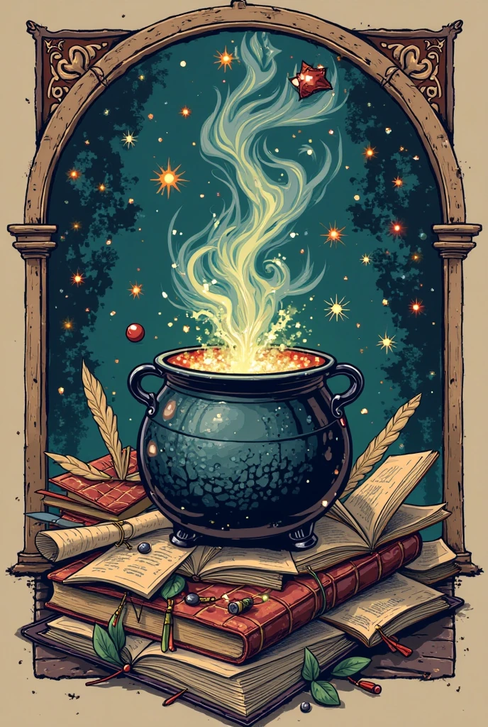 Illustration of an open magic book，Glows green，There are many retro magic books and various colorful potion bottles on the ground in front of the magic book..，Study a magic book，debugging、An atmosphere full of dark magic，dark background