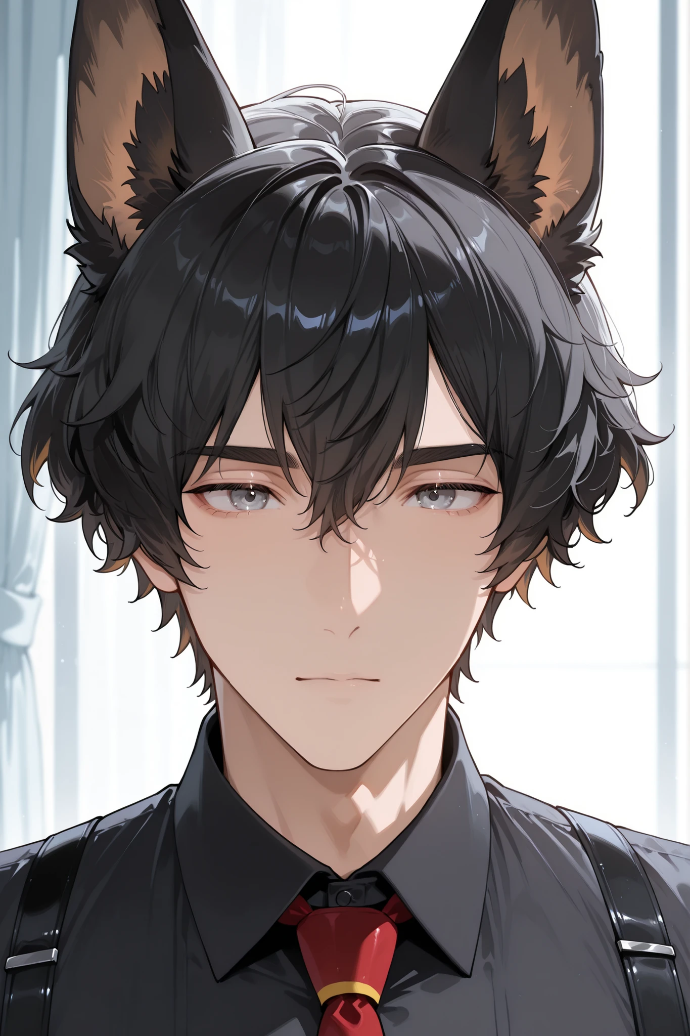 Male, masculine features, (black hair, short hair, wavy hair), (black ears, German Shepherd ears), gray eyes, black dress shirt, black suspenders, red tie, solo, face portrait, office setting