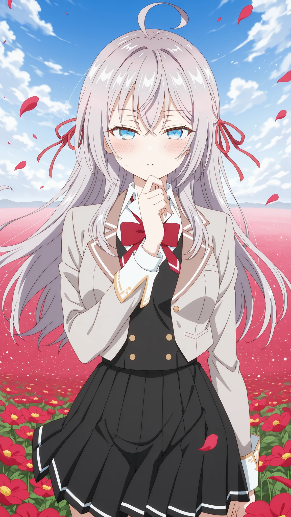 BREAK (masterpiece:1.2), best quality, high resolution, unity 8k wallpaper, (illustration:0.8), (beautiful detailed eyes:1.6),Twisting clouds forming a cyclone  
above an open red flower field,  
flowers bending sharply under wind pressure,  
air filled with dust and petals,  
surreal tension in the air,  
anime-style concept art, wide-angle cinematic view,alisa mikhailovna kujou, long hair, bangs, blue eyes, hair ribbon, ahoge, grey hair, red ribbon, breasts, anime screencap,skirt, shirt, long sleeves, bow, school uniform, jacket, white shirt, pleated skirt, collared shirt, bowtie, black skirt, red bow, red bowtie, blazer, grey blazer, long sleeves,blush, seductive expression,looking at viewer,cowboy shot,seductive pose,lying on field,lying on back,