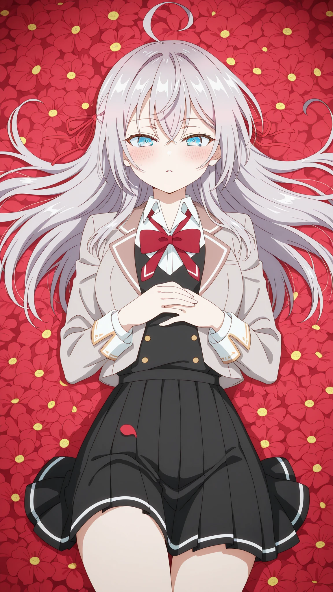 BREAK (masterpiece:1.2), best quality, high resolution, unity 8k wallpaper, (illustration:0.8), (beautiful detailed eyes:1.6),Twisting clouds forming a cyclone  
above an open red flower field,  
flowers bending sharply under wind pressure,  
air filled with dust and petals,  
surreal tension in the air,  
anime-style concept art, wide-angle cinematic view,alisa mikhailovna kujou, long hair, bangs, blue eyes, hair ribbon, ahoge, grey hair, red ribbon, breasts, anime screencap,skirt, shirt, long sleeves, bow, school uniform, jacket, white shirt, pleated skirt, collared shirt, bowtie, black skirt, red bow, red bowtie, blazer, grey blazer, long sleeves,blush, seductive expression,looking at viewer,cowboy shot,seductive pose,lying on field,lying on back,