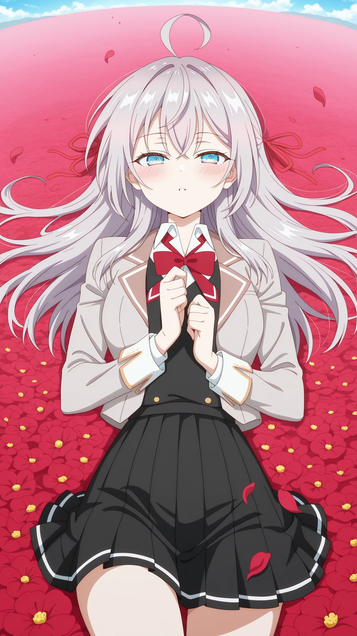BREAK (masterpiece:1.2), best quality, high resolution, unity 8k wallpaper, (illustration:0.8), (beautiful detailed eyes:1.6),Twisting clouds forming a cyclone  
above an open red flower field,  
flowers bending sharply under wind pressure,  
air filled with dust and petals,  
surreal tension in the air,  
anime-style concept art, wide-angle cinematic view,alisa mikhailovna kujou, long hair, bangs, blue eyes, hair ribbon, ahoge, grey hair, red ribbon, breasts, anime screencap,skirt, shirt, long sleeves, bow, school uniform, jacket, white shirt, pleated skirt, collared shirt, bowtie, black skirt, red bow, red bowtie, blazer, grey blazer, long sleeves,blush, seductive expression,looking at viewer,cowboy shot,seductive pose,lying on field,lying on back,