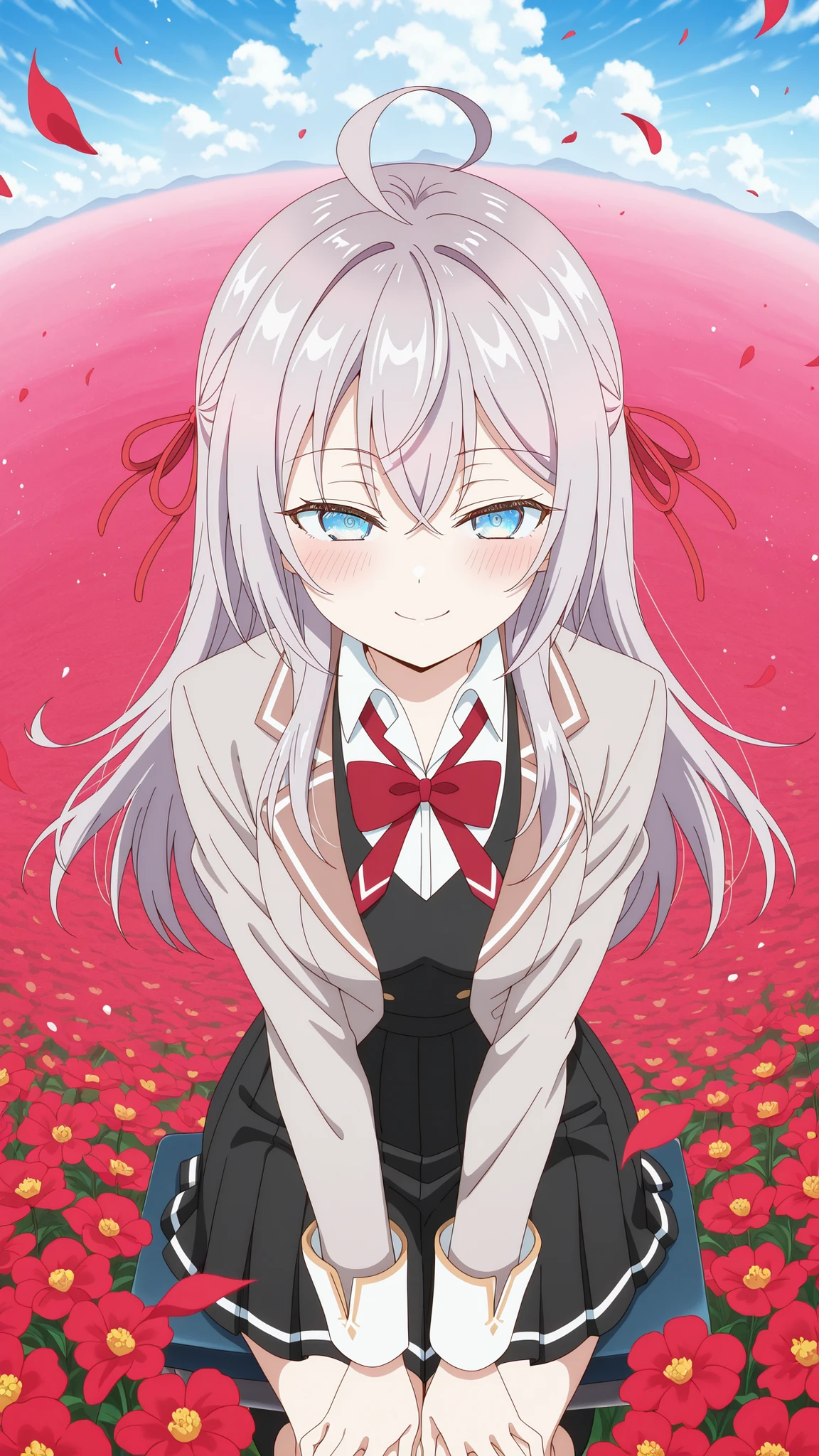 BREAK (masterpiece:1.2), best quality, high resolution, unity 8k wallpaper, (illustration:0.8), (beautiful detailed eyes:1.6),Twisting clouds forming a cyclone  
above an open red flower field,  
flowers bending sharply under wind pressure,  
air filled with dust and petals,  
surreal tension in the air,  
anime-style concept art, wide-angle cinematic view,alisa mikhailovna kujou, long hair, bangs, blue eyes, hair ribbon, ahoge, grey hair, red ribbon, breasts, anime screencap,skirt, shirt, long sleeves, bow, school uniform, jacket, white shirt, pleated skirt, collared shirt, bowtie, black skirt, red bow, red bowtie, blazer, grey blazer, long sleeves,blush, seductive expression,looking at viewer,cowboy shot,seductive pose,sitting on knees,from above,smile