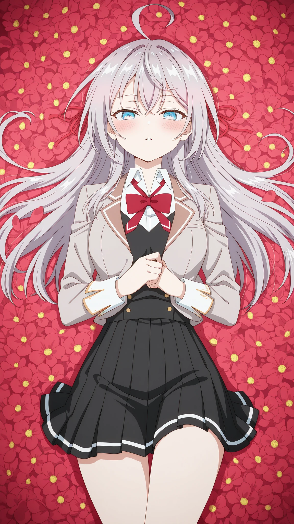 BREAK (masterpiece:1.2), best quality, high resolution, unity 8k wallpaper, (illustration:0.8), (beautiful detailed eyes:1.6),Twisting clouds forming a cyclone  
above an open red flower field,  
flowers bending sharply under wind pressure,  
air filled with dust and petals,  
surreal tension in the air,  
anime-style concept art, wide-angle cinematic view,alisa mikhailovna kujou, long hair, bangs, blue eyes, hair ribbon, ahoge, grey hair, red ribbon, breasts, anime screencap,skirt, shirt, long sleeves, bow, school uniform, jacket, white shirt, pleated skirt, collared shirt, bowtie, black skirt, red bow, red bowtie, blazer, grey blazer, long sleeves,blush, seductive expression,looking at viewer,cowboy shot,seductive pose,lying on field,lying on back,from above