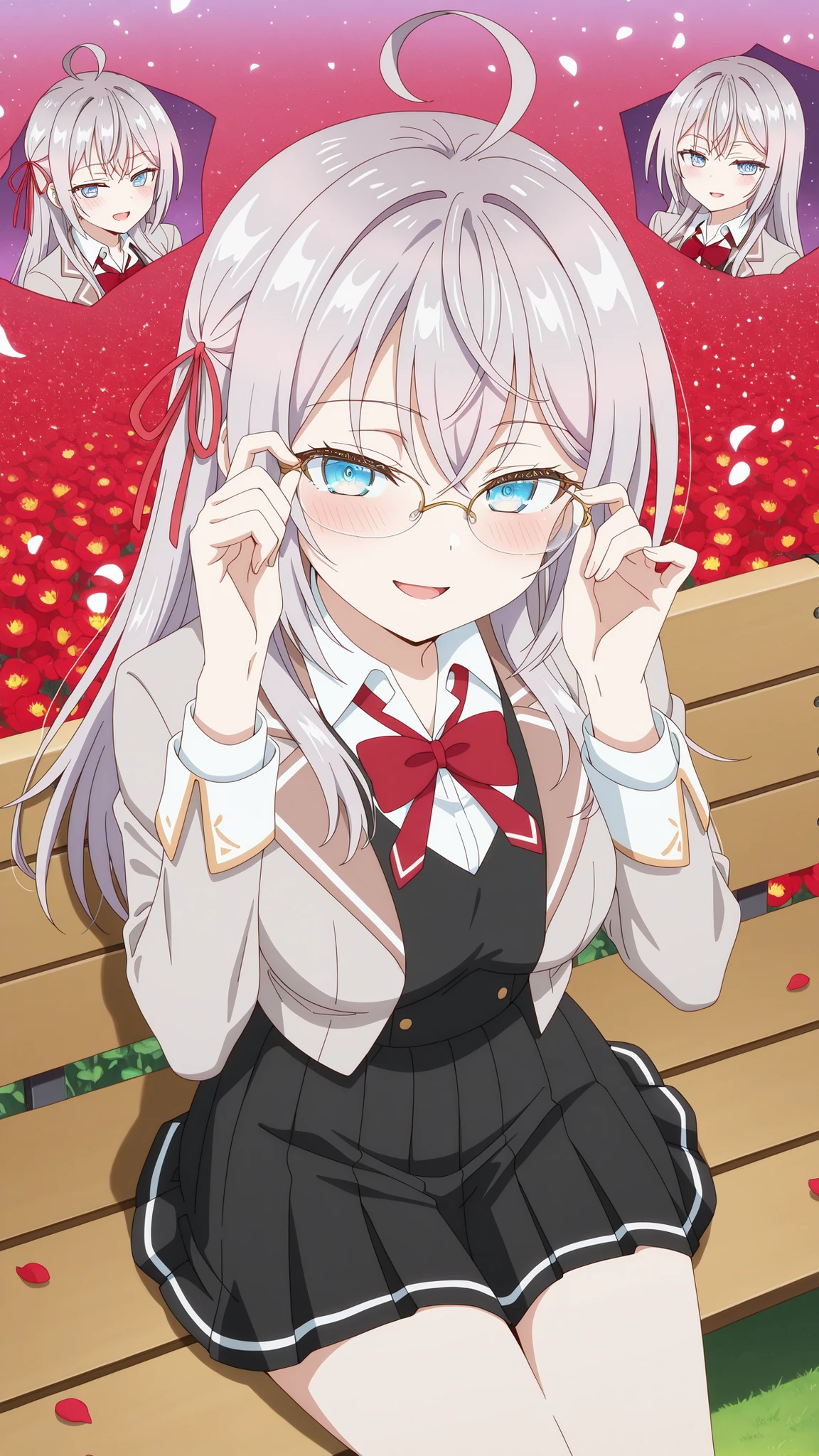 BREAK (masterpiece:1.2), best quality, high resolution, unity 8k wallpaper, (illustration:0.8), (beautiful detailed eyes:1.6),Twisting clouds forming a cyclone  
above an open red flower field,  
flowers bending sharply under wind pressure,  
air filled with dust and petals,  
surreal tension in the air,  
anime-style concept art, wide-angle cinematic view,alisa mikhailovna kujou, long hair, bangs, blue eyes, hair ribbon, ahoge, grey hair, red ribbon, breasts, anime screencap,skirt, shirt, long sleeves, bow, school uniform, jacket, white shirt, pleated skirt, collared shirt, bowtie, black skirt, red bow, red bowtie, blazer, grey blazer, long sleeves,blush, seductive expression,looking at viewer,cowboy shot,seductive pose,sitting on bench,from above,smile,open mouth,glasses,fixing glasses,
