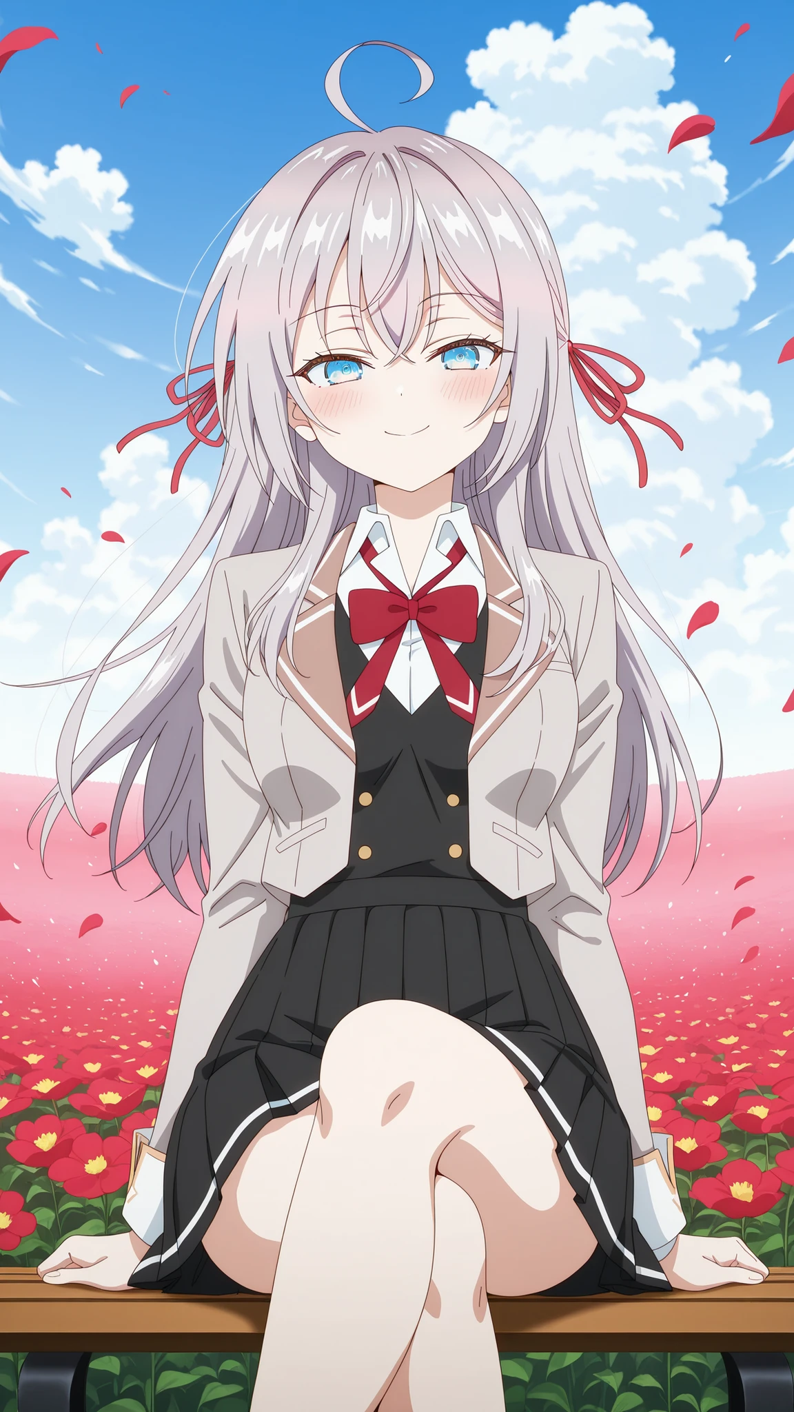 BREAK (masterpiece:1.2), best quality, high resolution, unity 8k wallpaper, (illustration:0.8), (beautiful detailed eyes:1.6),Twisting clouds forming a cyclone  
above an open red flower field,  
flowers bending sharply under wind pressure,  
air filled with dust and petals,  
surreal tension in the air,  
anime-style concept art, wide-angle cinematic view,alisa mikhailovna kujou, long hair, bangs, blue eyes, hair ribbon, ahoge, grey hair, red ribbon, breasts, anime screencap,skirt, shirt, long sleeves, bow, school uniform, jacket, white shirt, pleated skirt, collared shirt, bowtie, black skirt, red bow, red bowtie, blazer, grey blazer, long sleeves,blush, seductive expression,looking at viewer,cowboy shot,seductive pose,sitting on bench,from below,cross legs,smile,