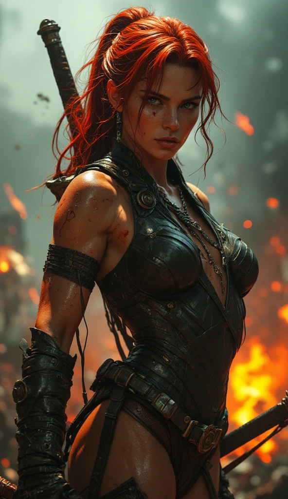 (best quality:1.4), (ultra highres:1.2), (photorealistic:1.4), (8k, RAW photo:1.2), ultra detailed, break, Stormy rainy skies clouds,  a ginger woman, (highly detailed dark eyes looking at viewer:1.4), highly detailed wet face, 1girl, female warrior, highlight short red hair, soaking wet hair, medium breasts, [little_freckles], Facial skin soiled by battle, [[Blood splatter]],  leather and worn scratched used wet metal armor,fur, sword belt, break, fighting stance, wind, cinematic lighting, realistic, dramatic light, break, Rain falls on the battlefield , dark_Smokes, fireflies,piles of dead corpses,  Medieval_battlefield_ravaged_by_war_background, solo focus), (cowboy shot), masterpiece, realistic hands. [The character is surrounded by mist, evoking a mysterious and eerie atmosphere. The lighting is dark and atmospheric, with smoke adding a touch of sinister ambiance. Best quality image, HDR enhancement, showcasing the utmost level of detail and realism, full body shot:1.5]. [8K, Best Quality, Ultra High Resolution, (highly detailed CG unity 8k wallpaper), (best photo), (best shadows), isometric 3D, octane rendering, ray tracing, highly detailed, (Best quality, 4K, 8k:1.2), absurdity, ultra detailed, (realistic, photorealistic, photorealistic:1.37), complex parts, HDR, (complex parts:1.12), (hyper detailed, hyper realistic, Soft lighting, spicy:1.2), (complex parts, Hyper detailed:1.15). Blurred foreground. (backlit), masterpiece, high quality, brightness, chromatic aberration, foggy smoke, shadows, contrast, clear sky, (warm hue, warm tone), high details, natural reflections]. (YES SFW)