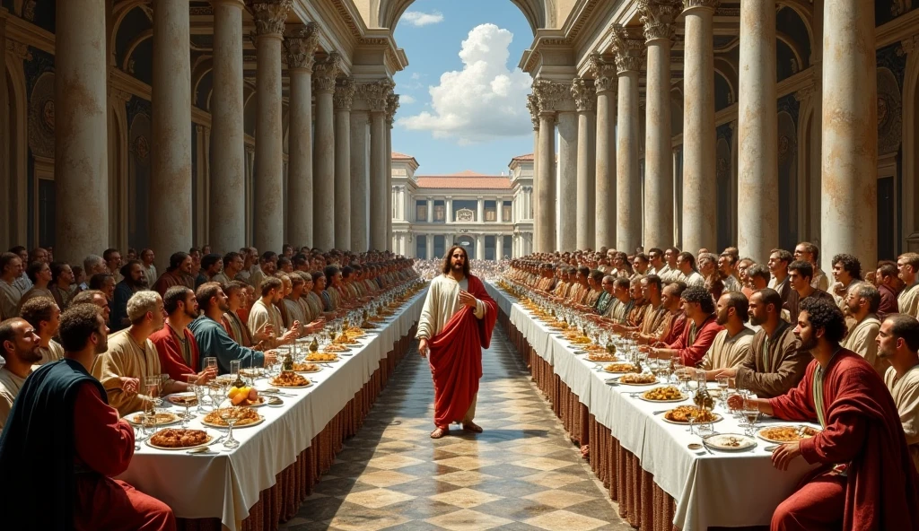 arafed image of a large long table with many people eating, called 'the last supper', !!posing_as_last_supper, last supper, last supper composition, the last supper, last supper realistic robot, the last supper painting, palatial scene, incredible masterpiece, in a high renaissance style, jesus wasted at a , david la chapelle