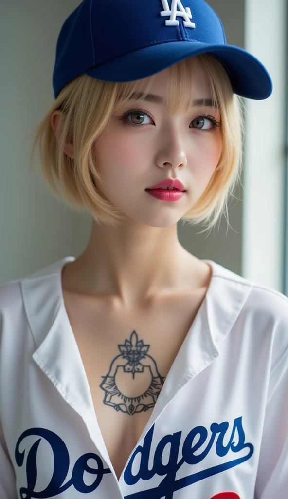 (Best Quality, 8K, 32K, masutepiece, nffsw: 1.2), Japan beauties, Small breasts,a blond、 Very Shorthair, Upper body, ((Face Focus)), Sweaters,  Background, Heavy makeup、((The tattoo)),cleavage of the breast、((Thick makeup))、