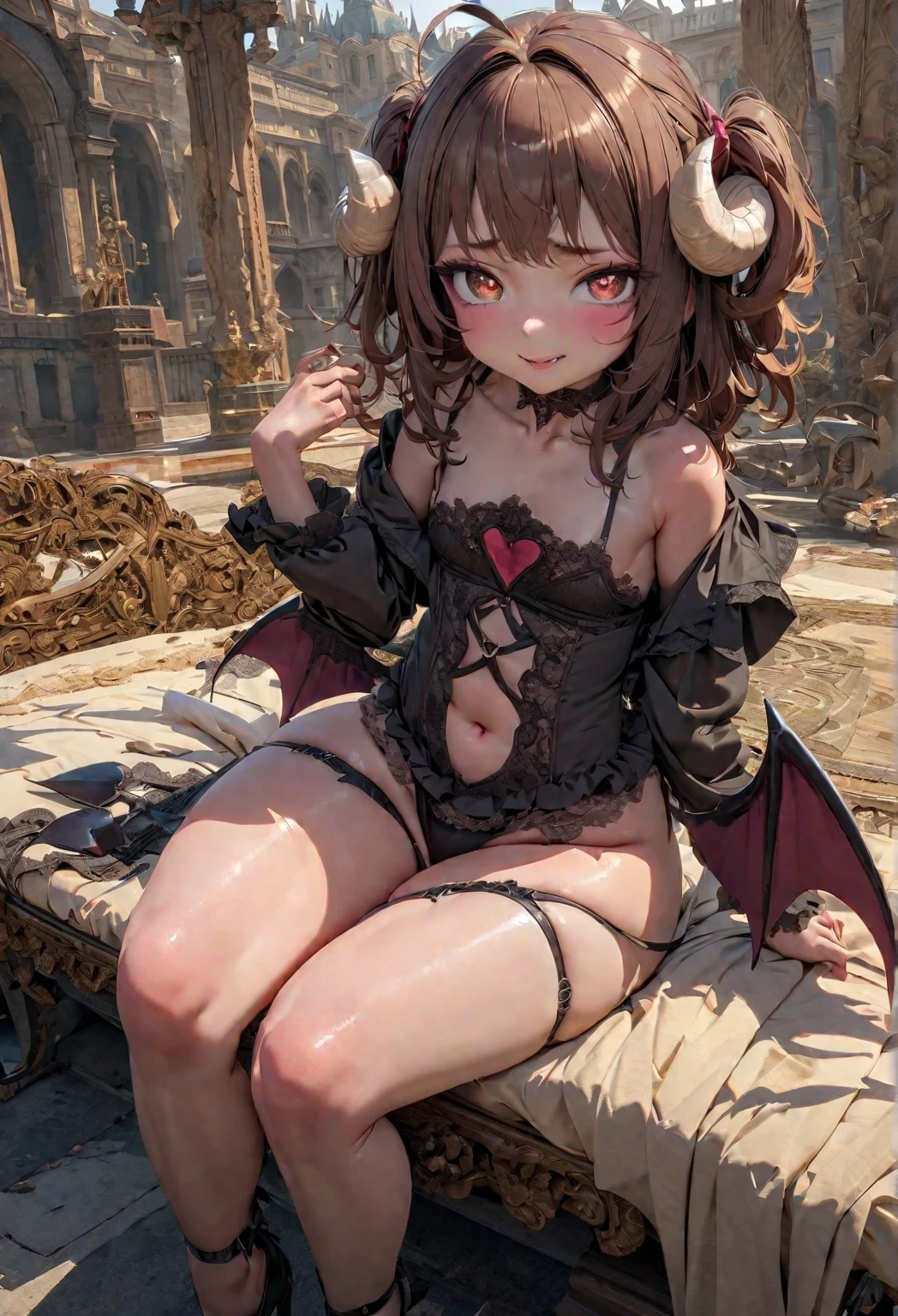 1 girl, sitting with her legs apart, on the ground, (touches crotch:1.1), stockings, white stockings, (sheer white underwear:1.2), (demonic horns:1.2), street, sunset, masterpiece, best quality, camel finger, naked, erotic, facing the viewer
