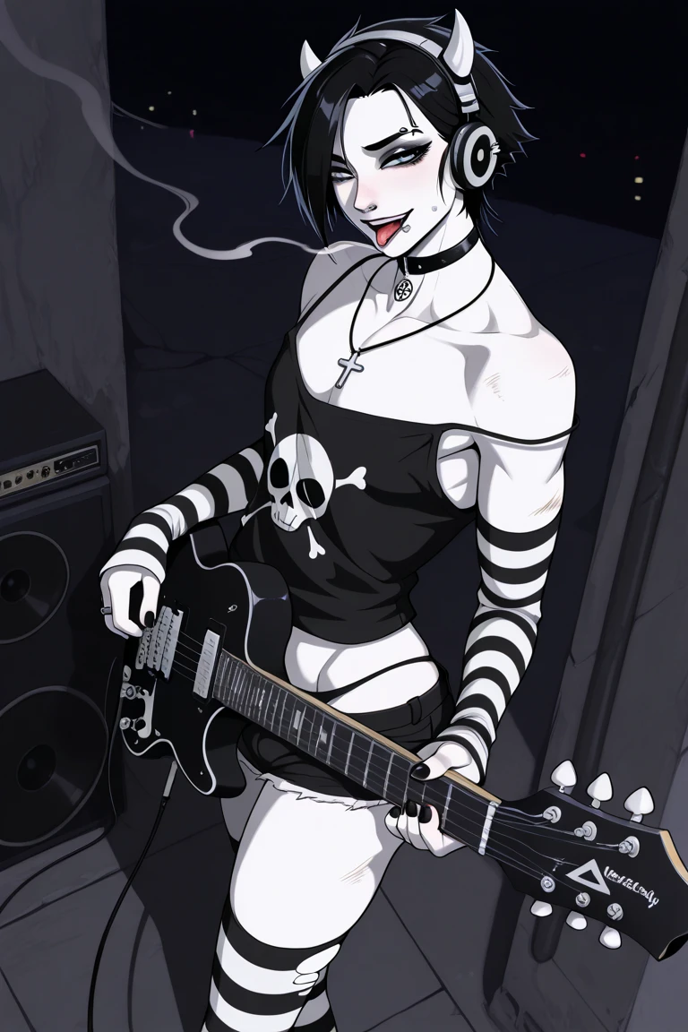 (masterpiece, best quality), 1girl, 16yo, realistic, open leather jacket, breast, red tie, goth, (white panties), panties over pantyhose, upskirt, (red electric guitar), standing, vibrant colors, abstract background, lines geometric, night, dark theme, high contrast, deep shadows
