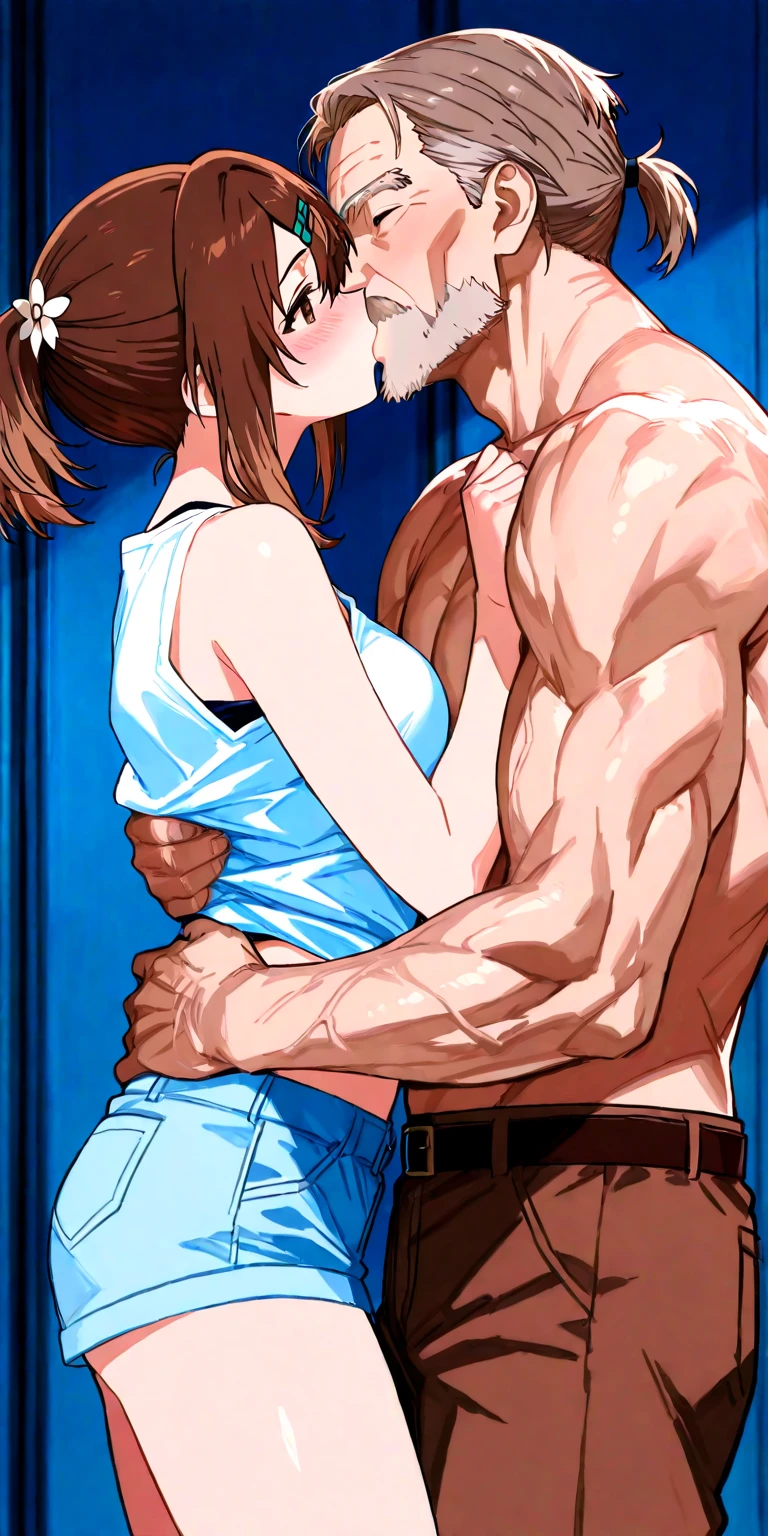 1girl, 1man, duo, a man with long red hair and green eyes and freckles getting force to mate with a girl with black hair, the man is muscular, girl sitting on man laps, girl leans on the man chest, girl arms over man shoulder, man grab girl waist, kissing, sweating alot, saliva, Drooling, blushed, shiny skin, aroused, the man is shirtless, man wearing red sweat pants, girl wearing green sport bra with sleeves, girl wearing black sweat pants, this scene is shoot at the gym, side view,