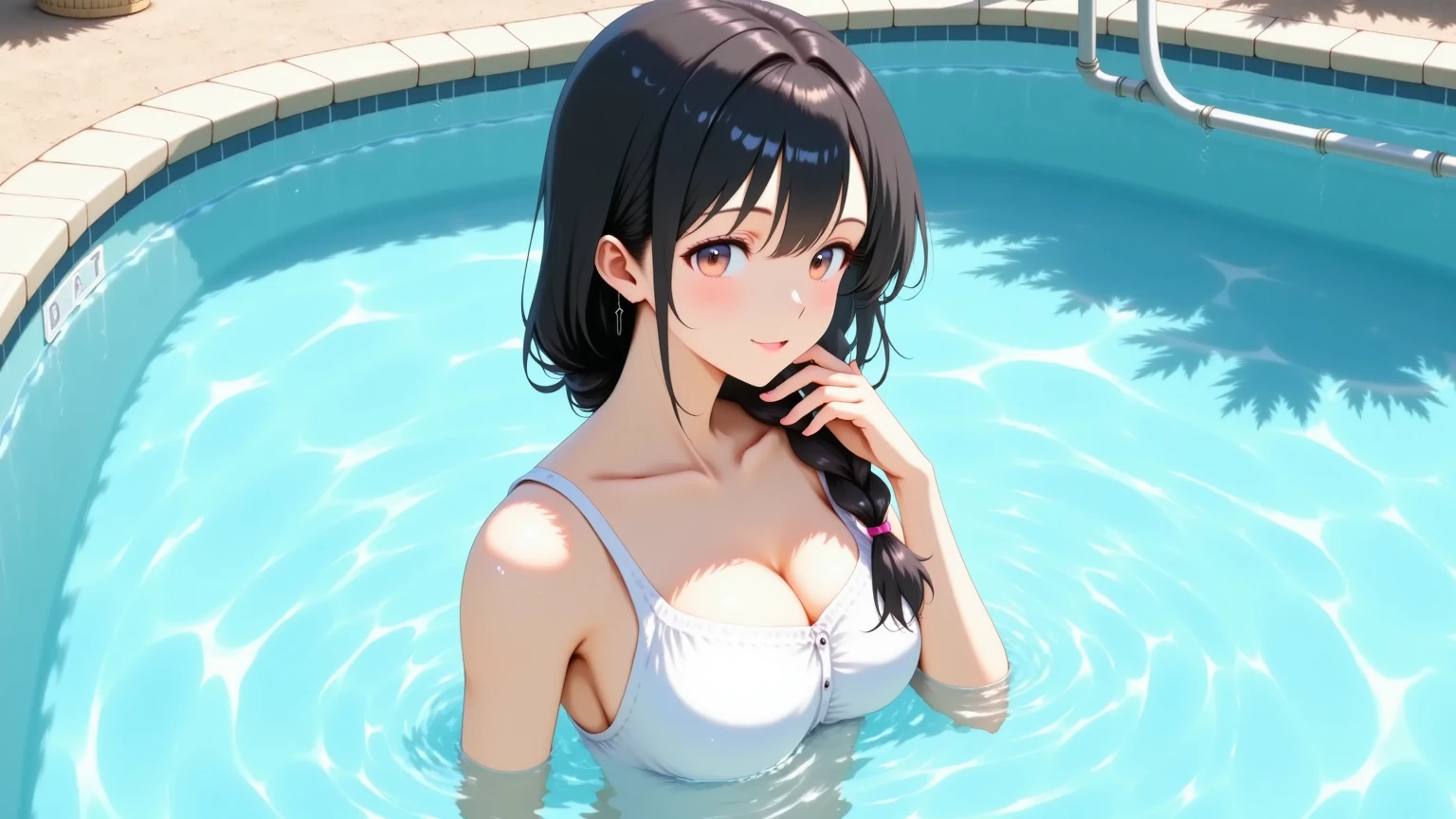 with fair skin, Brunette woman with ponytail poses for a photo，There are tattoos on the shoulders, Wearing a white bikini, Sexy girl, huge tit, Sweaty, Soaked all over, 2 7 years old, Stand on the water of the open-air pool.