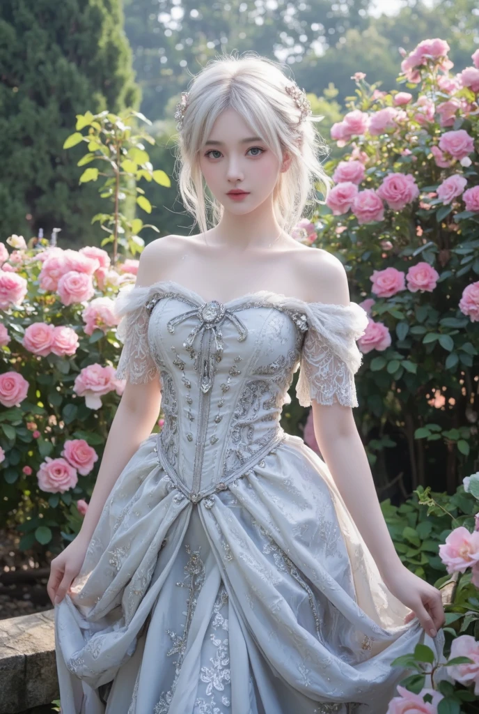 masterpiece, highres, high detailed, intricate details, depth of field, 1 girl, queen, royal crown, Coronation Gown, queen dress, Evening Gown, outdoor background. The background is a luxurious castle, mildly clouds, best sunlight. There are 2 long flower beds besides the path, queen is standing on the path. Her face is gorgeous, beautiful, confident. She wears a lot of luxury jelweries. She has blue eyes, platinum blonde long shining hair. Behind her is the castle.