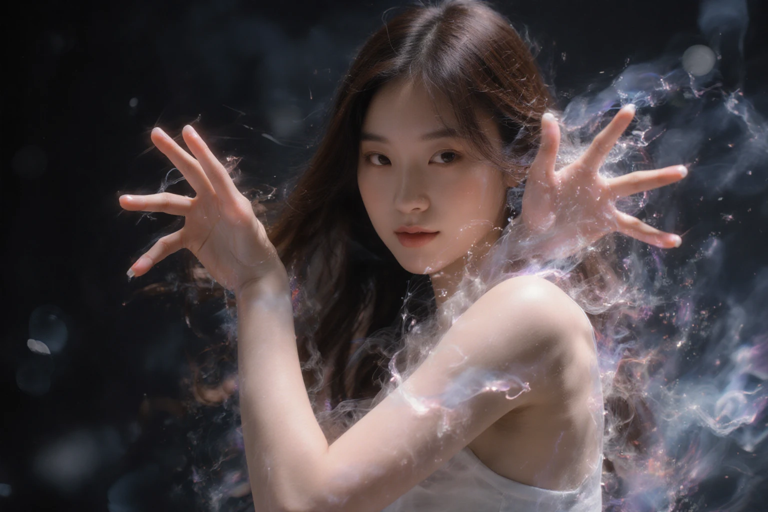 random angle image, portrait image, brush drawing image, dynamic pose, Beautiful Asian female teen representing the zodiac of "Aries", aged 20, wearing white slim fit artistic ancient Greek dress, smoke explode behind, white background, 8k resolution 