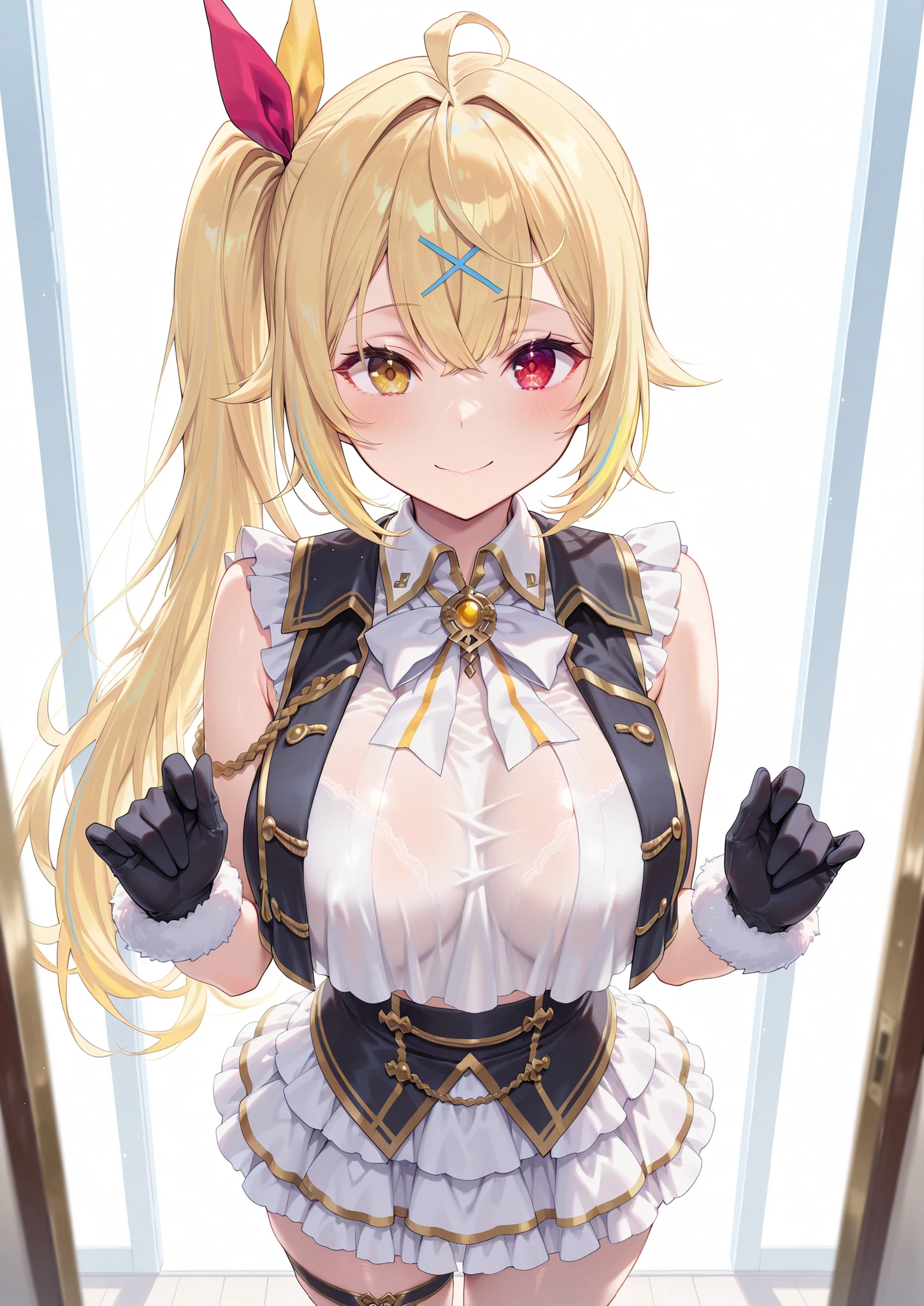 masterpiece, best quality, highres, Kronshtadt, very long hair, low twintails, hair ornament, black choker, high collar, cleavage, white dress, sleeveless, elbow gloves, black gloves, black pantyhose, standing, indoors, hand on hip,