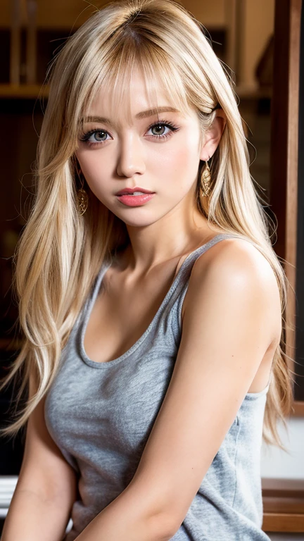 Realistic portrait of a 21 year old Asian girl with blonde skunk hair, Perfect Face, Brown eyes, cute, beautiful, Perfect jawline, Detailed characteristics, Thin Nose, Very detailed. She&#39;s a natural, Friendly expressions and soft lighting, Golden hour sunlight. Let&#39;s use a beautiful outdoor scene as the background., Perhaps a sunny park or beach. This image was taken in high resolution using an 85mm lens.、Providing a fascinating perspective、Large Breasts、Cleavage、smile、Waiting for short hair to start 
