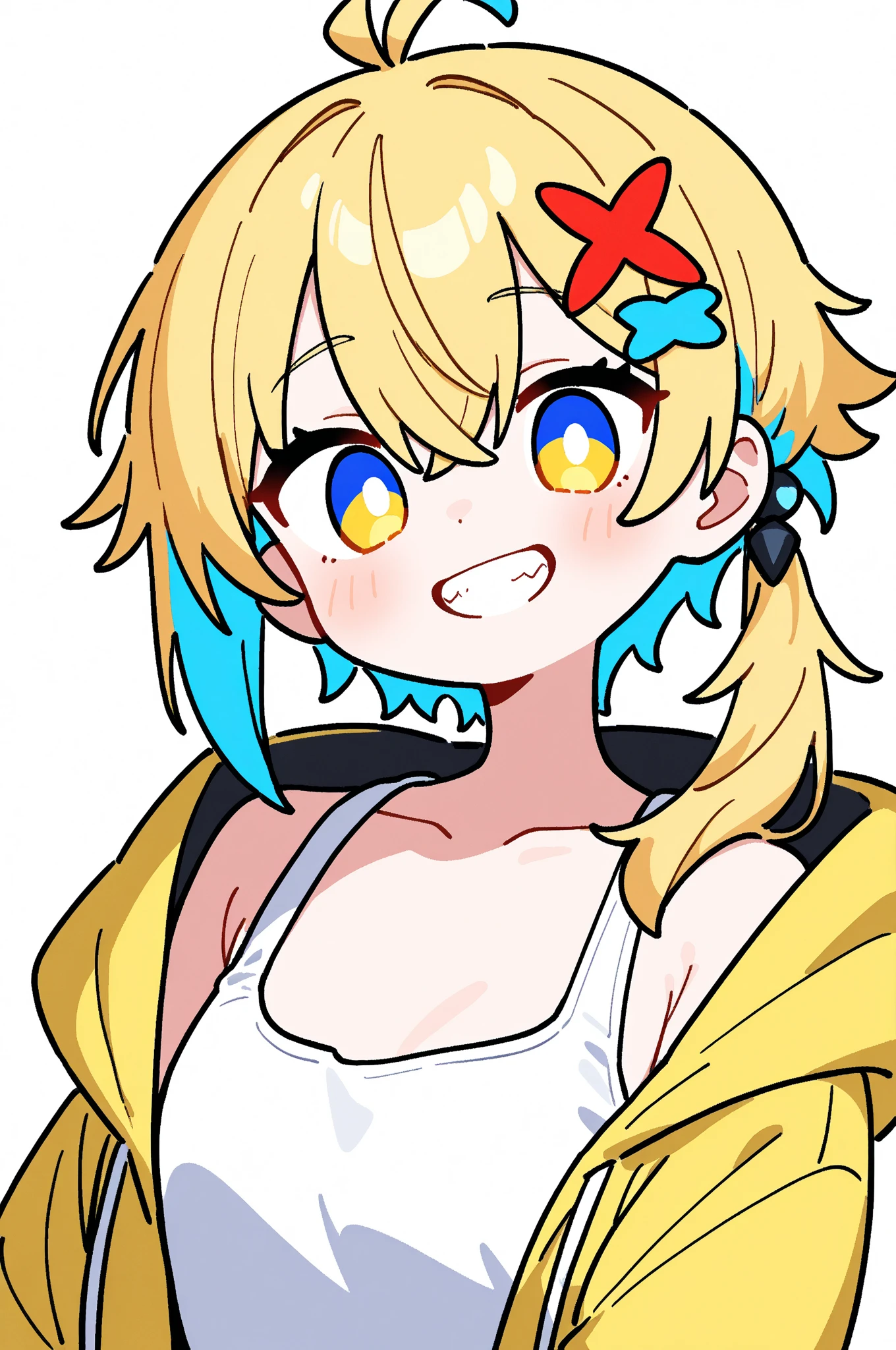 ((masterpiece)),(best quality),official art,extremely detailed CG,unity 8k wallpaper,ultra detailed,beautiful detailed eyes,extremely detailed face,1girl,solo,upper body,(portrait:1.5),looking at viewer,facing viewer,smile,dragon_girl,dragon_horns,hat,pink_headwear,baseball_cap,horns_through_headwear,long_hair,multicolored_hair,gradient_hair,blonde_hair,green_hair,sidelocks,hair between eyes,closed_eyes,cleavage,black_tank_top,huge_breasts,denim_shorts,short_shorts,shorts_rolled_up,zettai_ryouiki,black_thighhighs,pink_footwear,sneakers,<lora:Quetzalcoatl(kscnm)>,